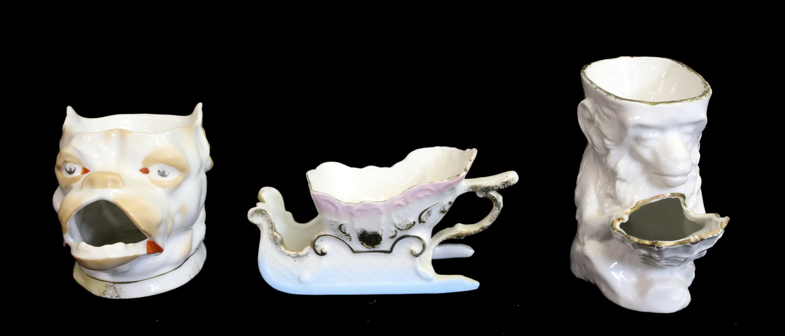 (3) FIGURAL BARBER MUGS: MONKEY AND SHELL , BULLDOG AND SLEIGH 2 3/4" TO 4 1/2"H PLEASE READ CAREFULLY - Terms for Purchasing and Shipping of Auction Items. Please read carefully before bidding. All payments for purchases wil