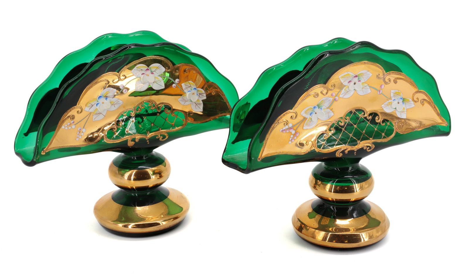 (2) EMERALD GREEN CZECH GLASS: TWO NAPKIN HOLDERS IN EMERALD GREEN WITH GOLD DECORATION AND ENAMELED FLOWERS 6 3/4" X 8 1/4" PLEASE READ CAREFULLY - Terms for Purchasing and Shipping of Auction Items. Please read carefully before b
