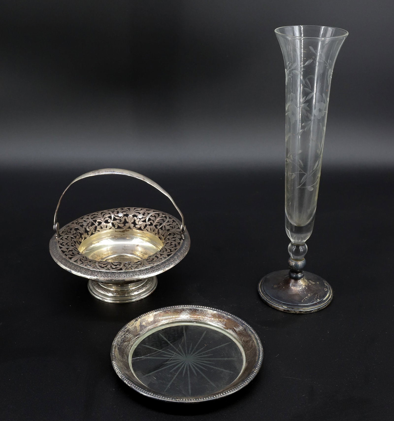 (3) STERLING SILVER/800: WINE BOTTLE COASTER WITH STERLING RIM, VASE WITH STERLING BASE AND 800 SILVER BASKET 5 1/4" DIA,10 3/4"H,5 1/2" X 5 3/4" BASKET WEIGHT 5.8 OZT PLEASE READ CAREFULLY - Terms for Purchasing and Shipping