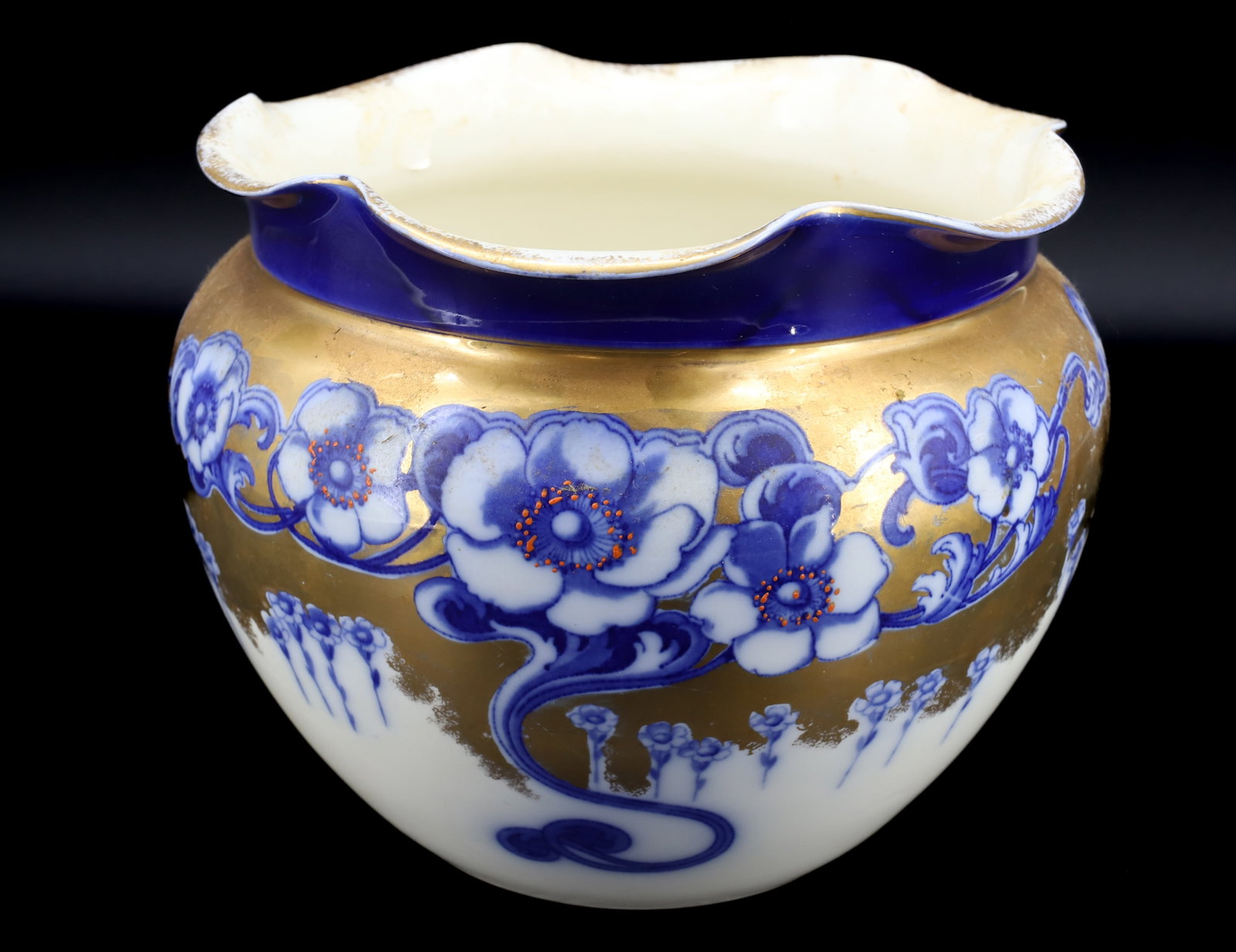 FLOW BLUE JARDINIERE: ART NOUVEAU PATTERN WITH GOLD DECORATION 7 1/2" X 9" PLEASE READ CAREFULLY - Terms for Purchasing and Shipping of Auction Items. Please read carefully before bidding. All payments for purchases will b