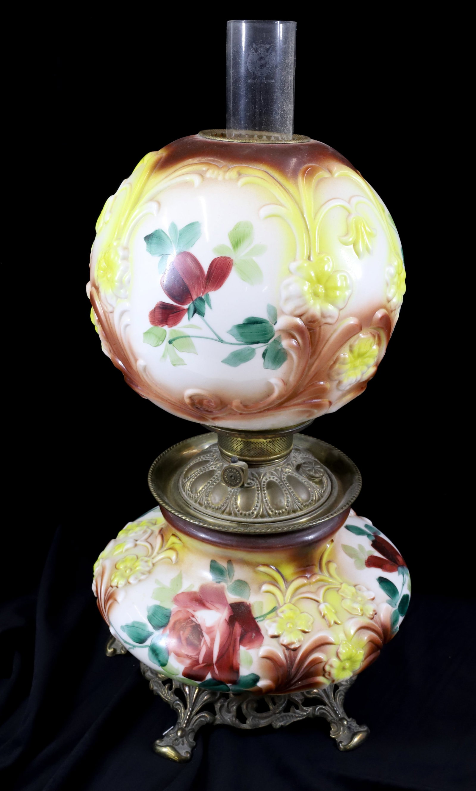 VICTORIAN PARLOR LAMP: MATCHING HAND PAINTED SHADE AND BASE. ALL ORIGINAL KEROSENE WITH BRASS ROCOCO MOUNTS 23" TO CHIMNEY RIM PLEASE READ CAREFULLY - Terms for Purchasing and Shipping of Auction Items. Please read carefull