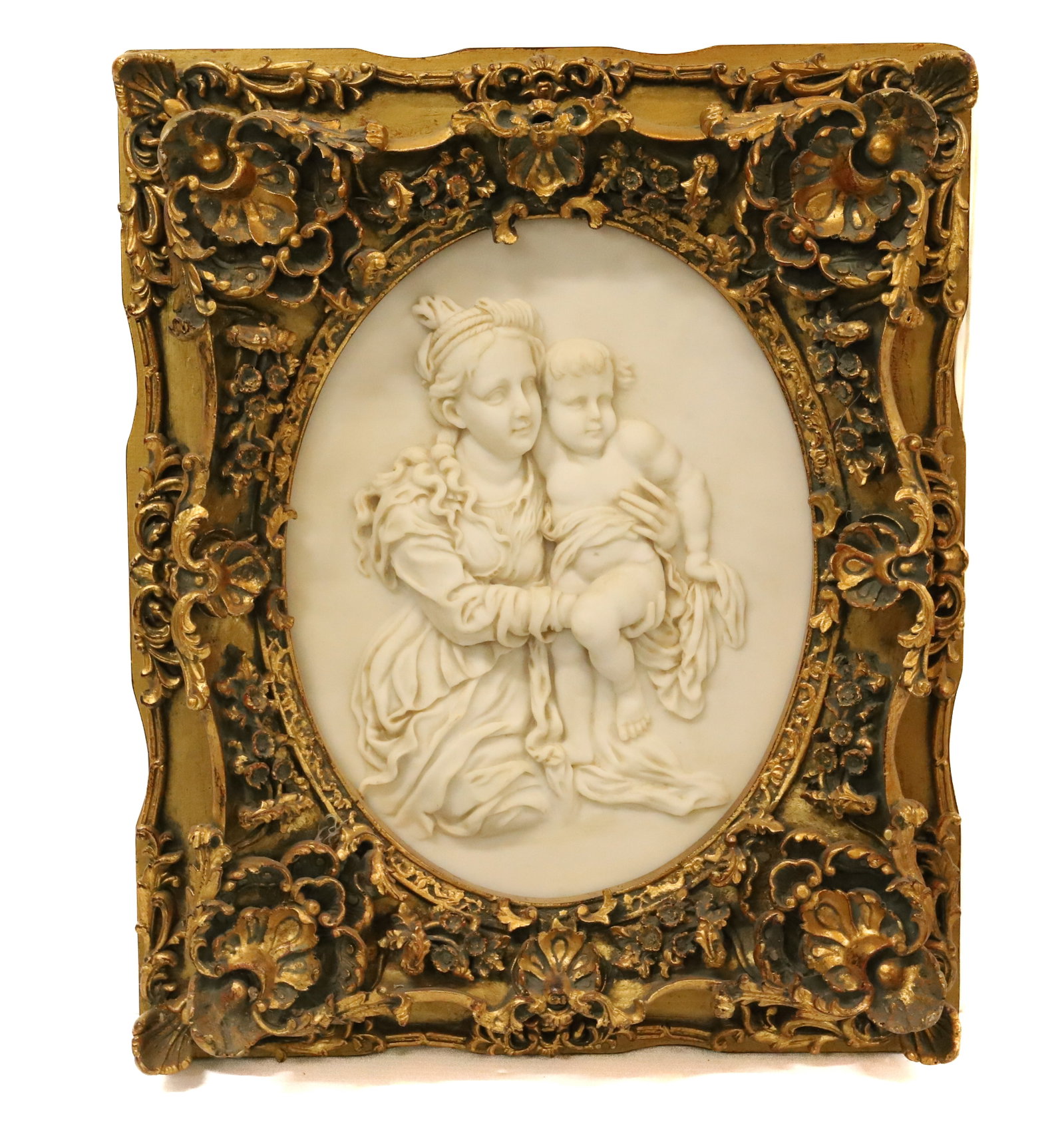 PLAQUE IN FRAME: RESIN PLAQUE IN SATIN WHITE COLOR MOTHER AND CHILD IN ORNATE ROCOCO FRAME 23" X 18 1/2" PLEASE READ CAREFULLY - Terms for Purchasing and Shipping of Auction Items. Please read carefully before bidding