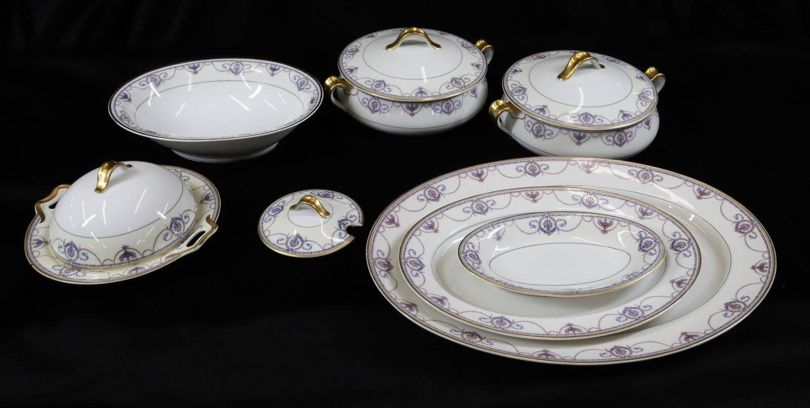 (7)HAVILAND SERVING PIECES: INCLUDES THREE PLATTERS, TWO COVERED VEGETABLES, OVAL SERVE BOWL AND BUTTER DISH AND LOOSE LID 16 1/2" X 12" LARGEST PLATTER, 5 1/2" X 10" COVERED VEGETABLE PLEASE READ CAREFULLY - Terms for Purchasin