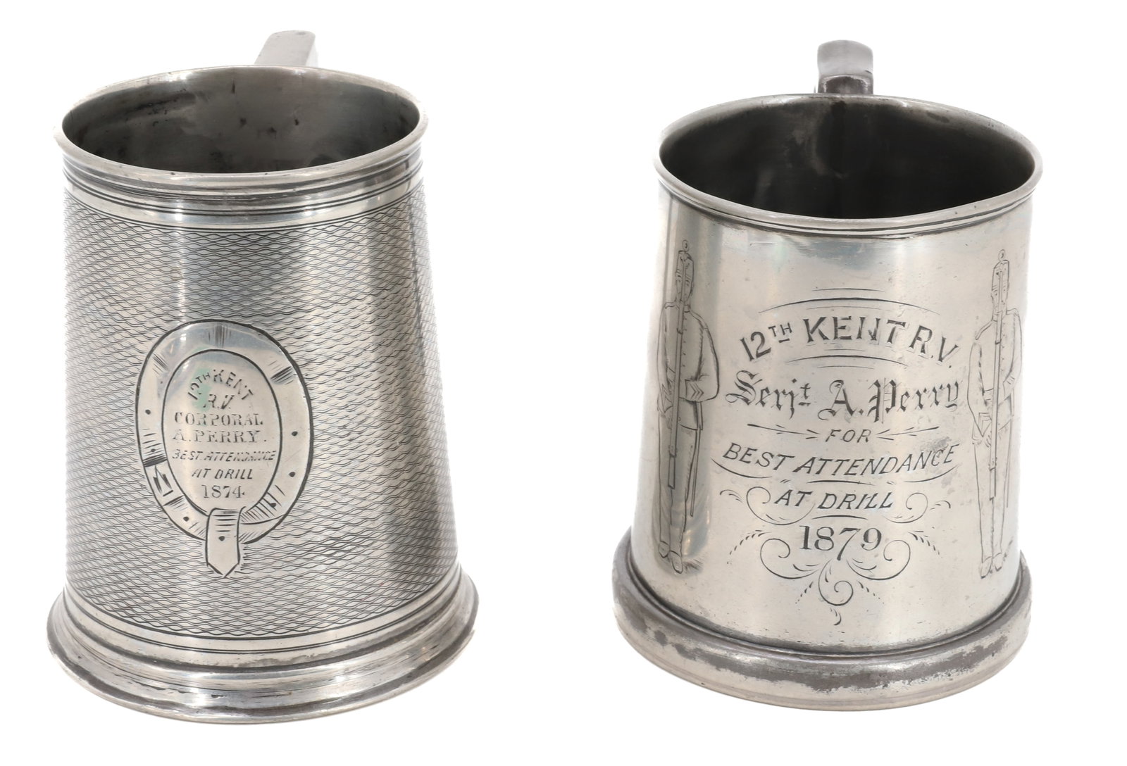 (2) MILITARY STEINS: (2) SILVER PLATE STEINS WITH GLASS BOTTOMS, ENGRAVED; "12TH KENT R. V. CORPORAL A. PERRY BEST ATTENDANCE AT DRILL 1874 AND 1879" WITH SOLDIERS ON EITHER SIDE - 4 1/2" AND 4 7/8" H PLEASE READ CAREFULL