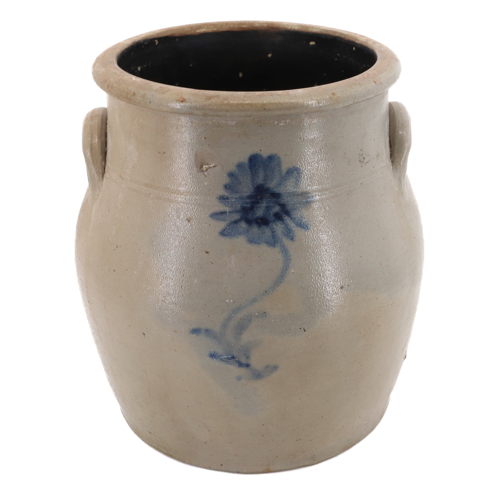 BLUE DECORATED STONEWARE CROCK: BLUE FLOWER ON FRONT. 10" X 8". PLEASE READ CAREFULLY - Terms for Purchasing and Shipping of Auction Items. Please read carefully before bidding. All payments for purchases will be made through LiveAu