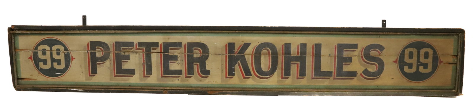FOLK ART PAINTED TRADE SIGN: PETER KOHLES 99". PAINTED ON WOOD WITH FRAME. 16" X 108 1/2". MRKD. JORY & CO. PLEASE READ CAREFULLY - Terms for Purchasing and Shipping of Auction Items. Please read carefully before bidding. All pay