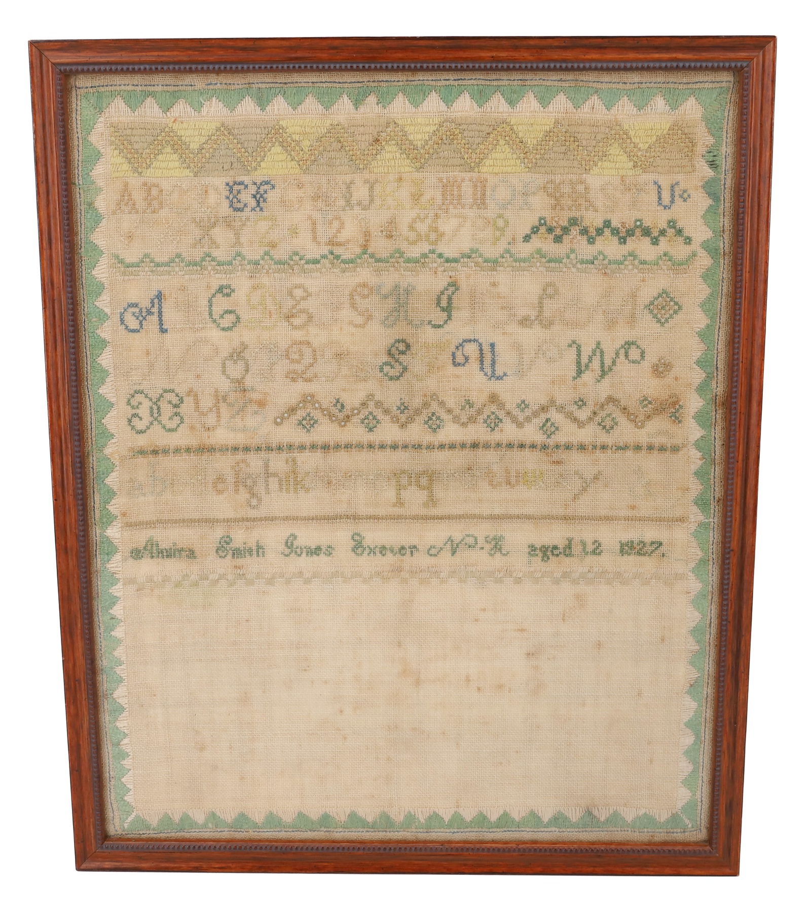 19TH CENTURY SAMPLER: VARIOUS ALPHABET AND NUMERAL STYLES, SIGNED "ALMIRA SMITH JONES EXETER, NH AGE 12, 1827" - FRAMED UNDER GLASS, 13 1/4" X 10 5/8" PLEASE READ CAREFULLY - Terms for Purchasing and Shipping of Auction It
