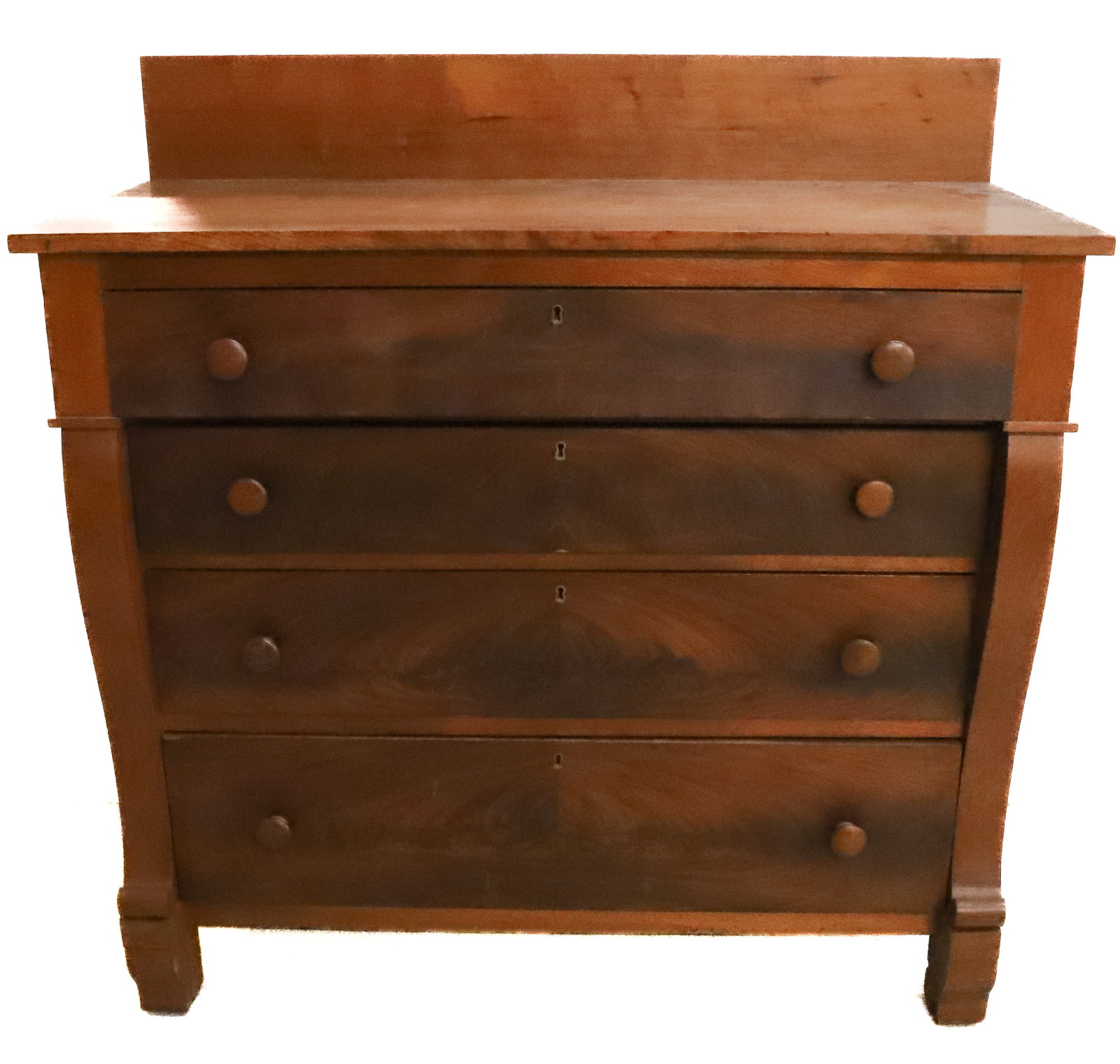 EMPIRE STYLE CHEST OF DRAWERS: 19TH CENTURY, 4 GRADUATED DRAWERS, DOVETAILED CONSTRUCTION, WITH BACKSPLASH - 38" X 42 1/2" X 20 1/2" PLEASE READ CAREFULLY - Terms for Purchasing and Shipping of Auction Items. Please read carefully 