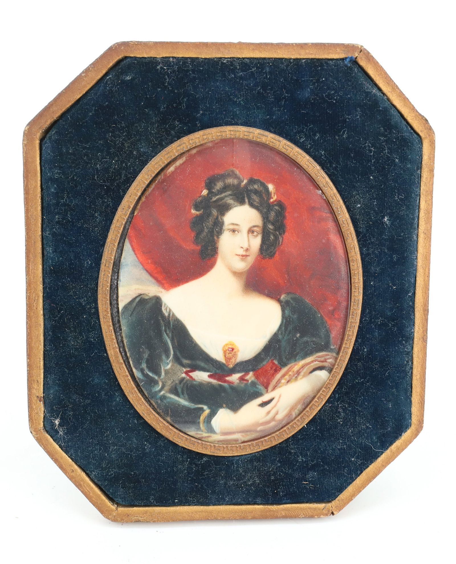 MINIATURE PORTRAIT OF A WOMAN: OIL PAINTED ON BONE OF SEATED WOMAN WITH IN FRONT OF CURTAIN/WINDOW. SURROUND IS VELVET AND CASE IS PAINTED WOOD. TOTAL SIZE 5" X 4 3/8". SIGHT VIEW OF PORTRAIT 3 1/4" X 2 5/8". PLEASE READ CAREFULLY 