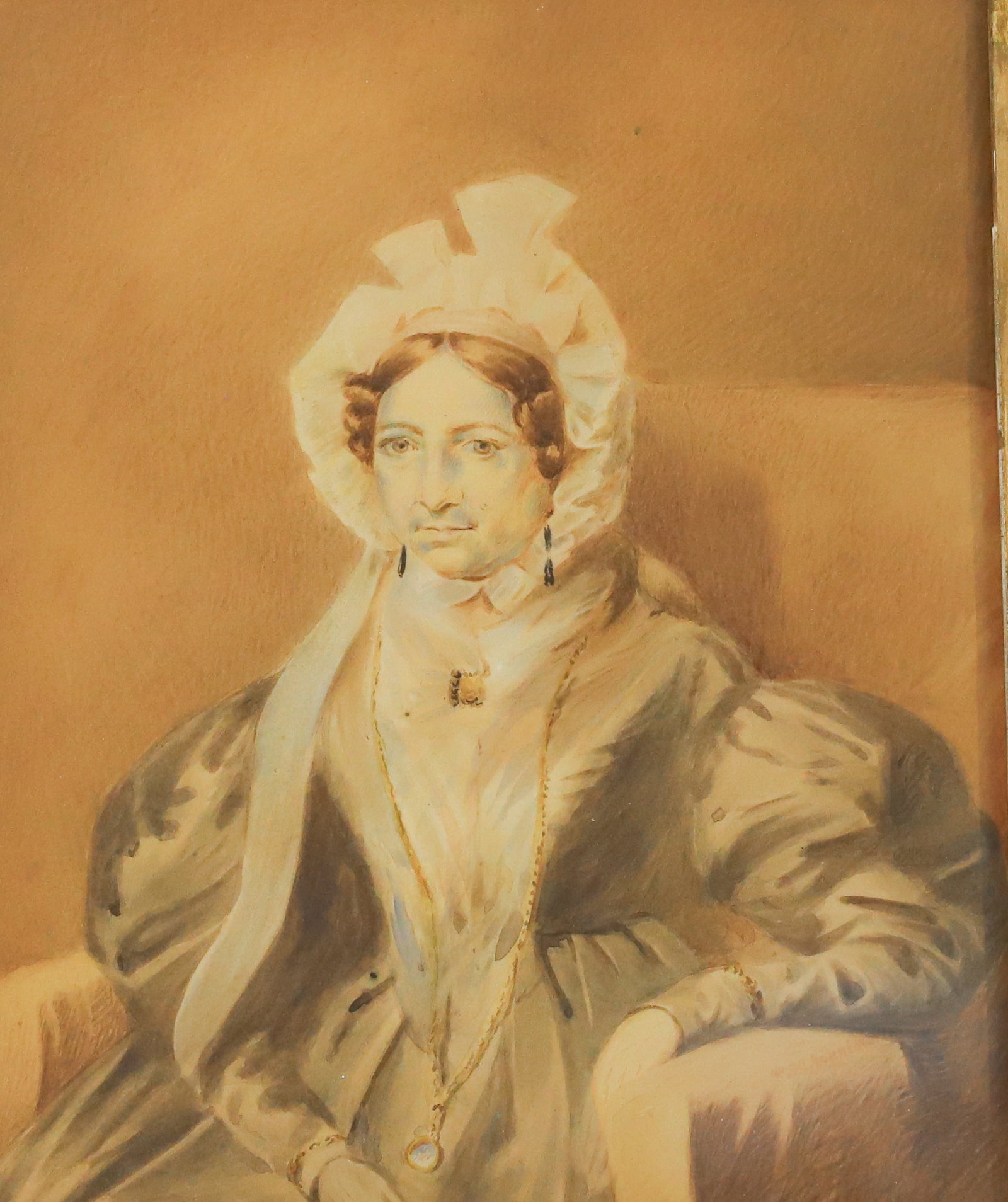 T.H. WENTWORTH PORTRAIT: WATERCOLOR/PASTEL ON PAPER. GILT FRAME. ELABORATELY DRESSED WOMAN SEATED IN CHAIR. SGND. ON RIGHT ARM OF CHAIR "T.H. WENTWORTH". 16" X 13 3/4" TOTAL SIZE. PLEASE READ CAREFULLY - Terms for Purchasing 