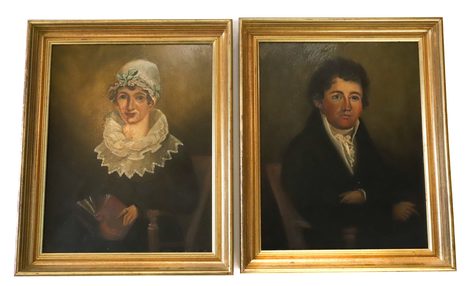 (2) 19TH OIL ON BOARD PORTRAITS: OILS ON ACADEMY BOARDS. IDENTIFIED AS COL. RICHARD VAN WYCK AND WIFE ELIZABETH THORNE VAN WYCK. PROVENANCE/FAMILY TREE ON BACK. BOTH SEATED, WOMAN HOLDING OPEN BOOK. 15 1/4" X 12" SIGHT VIEW. TOTAL SI