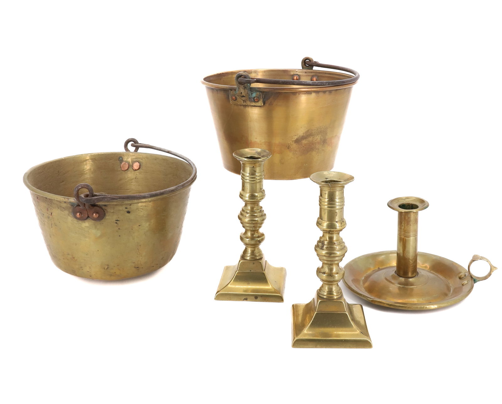 LOT OF BRASS CANDLESTICKS AND PAILS (1 of 5)