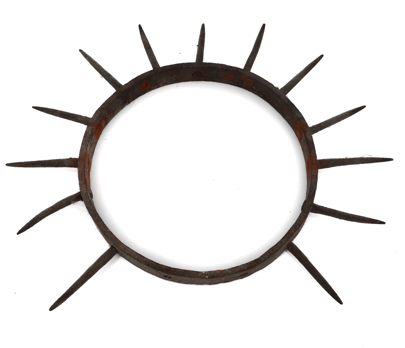 WROUGHT IRON HUNTING DOG COLLAR: SPIKED COLLAR TO PROTECT DOGS FROM ANIMAL ATTACKS. 8" DIAMETER. 13 1/2" TOTAL DIAMETER. PLEASE READ CAREFULLY - Terms for Purchasing and Shipping of Auction Items. Please read carefully before bidding