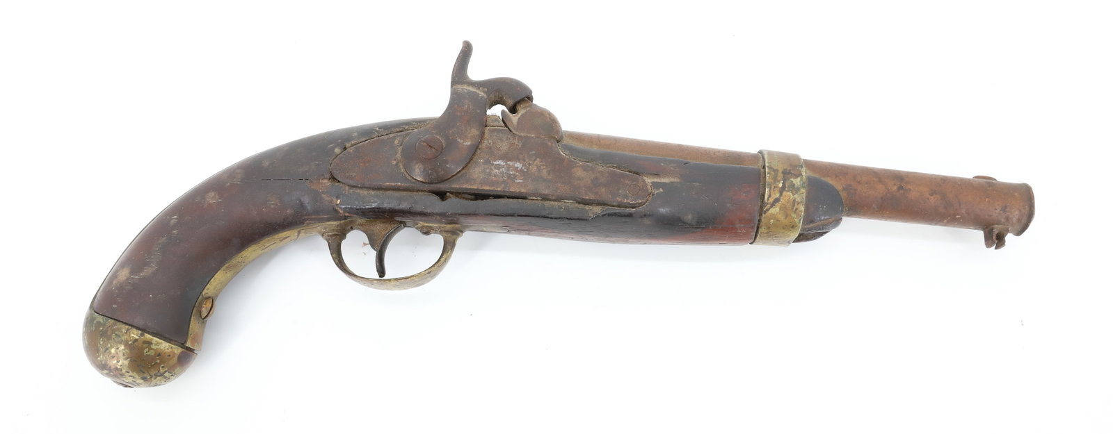 CIVIL WAR ERA PERCUSSION PISTOL: BRASS/IRON/WOOD. MISSING RAM ROD. 14" L.