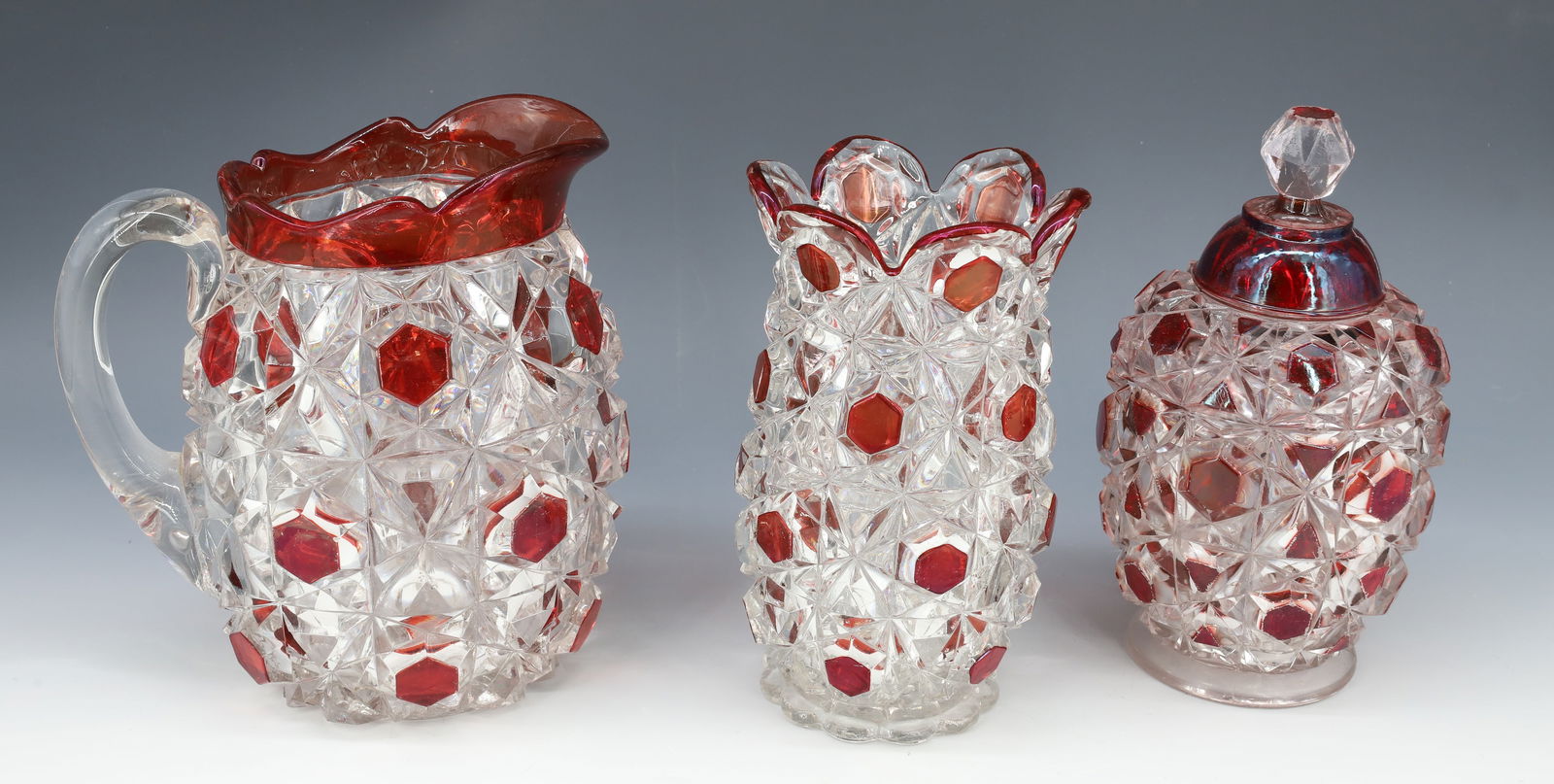 (3) RUBY FLASH GLASS TWO PITCHERS, CELERY AND SUGAR BOWL (1 of 5)