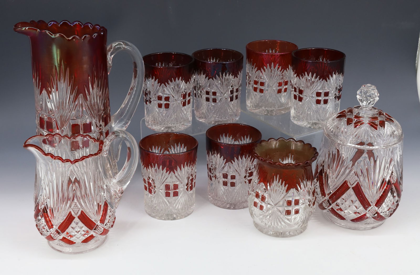 (10) RUBY FLASH GLASS SUGAR,CREAMER,PITCHER AND (6) TUMBLERS PLUS (1 of 4)