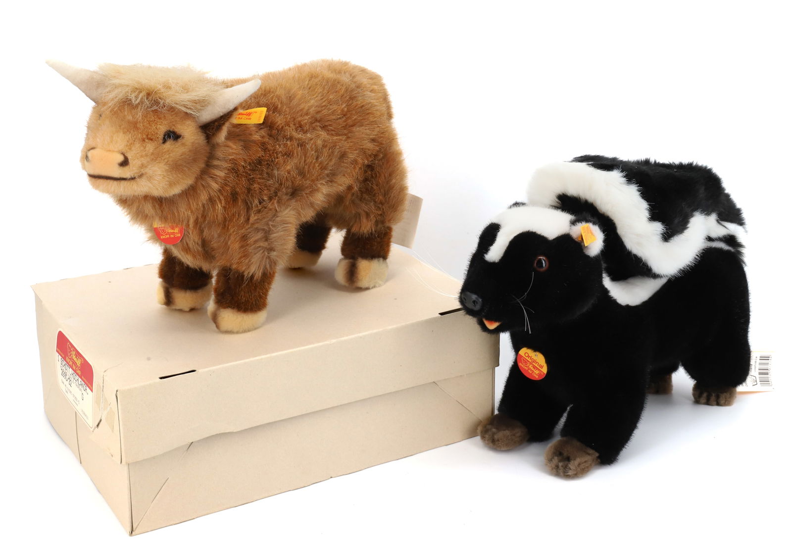 VINTAGE (2) STEIFF ANIMALS SKUNK AND HIGHLAND CATTLE: SKUNK AND HIGHLAND CATTLE BUTTON AND TAG 14" W.GERMANY PLEASE READ CAREFULLY - Terms for Purchasing and Shipping of Auction Items. Please read carefully before bidding. All payments for purchases will