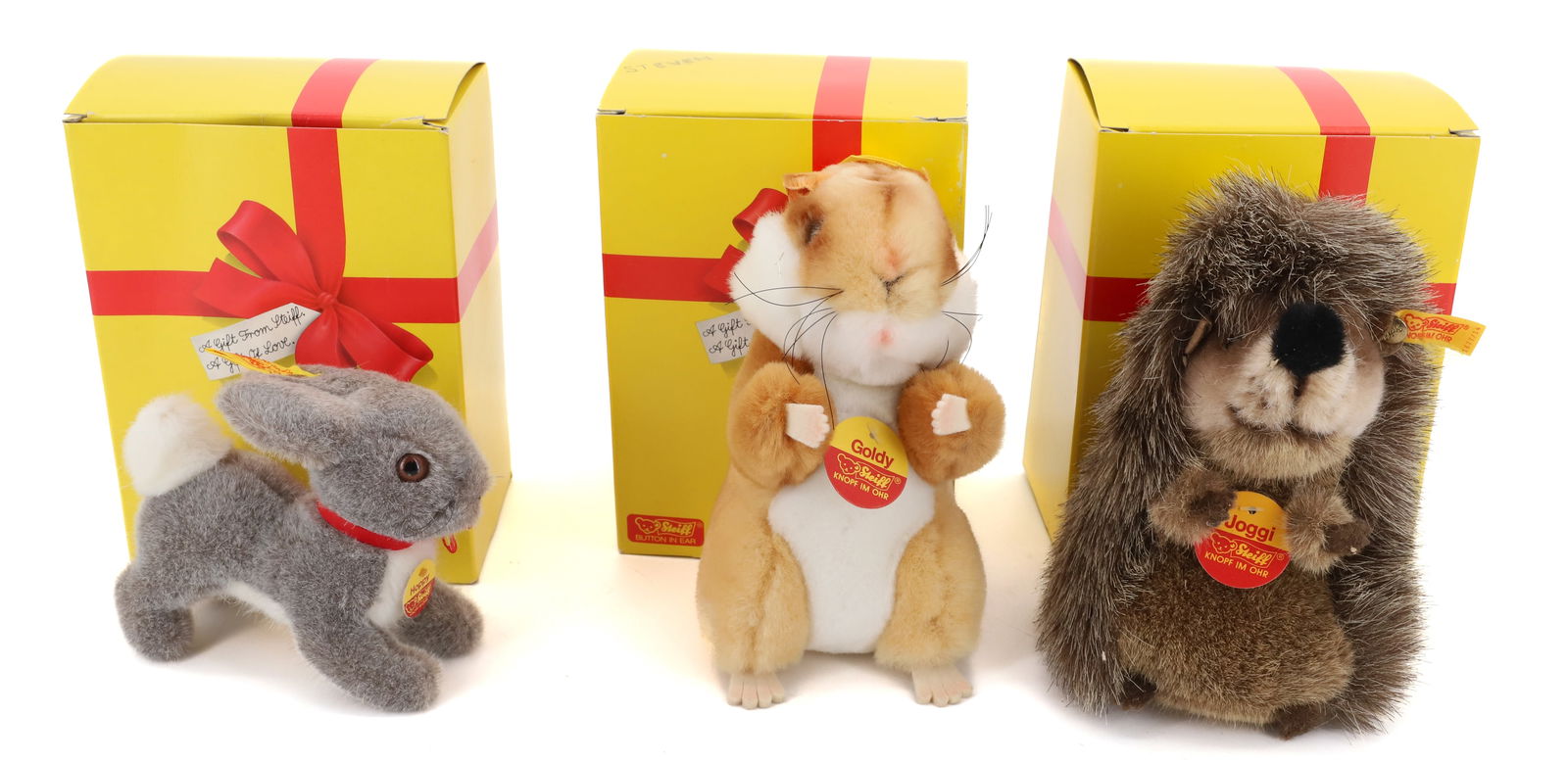VINTAGE (3) STEIFF ANIMALS BUNNY,HEDGEHOG AND SQUIRREL: JOGGI, GOLDY AND HOPPY BUTTONS AND TAGS 5" TO 7" PLEASE READ CAREFULLY - Terms for Purchasing and Shipping of Auction Items. Please read carefully before bidding. All payments for purchases will be ma