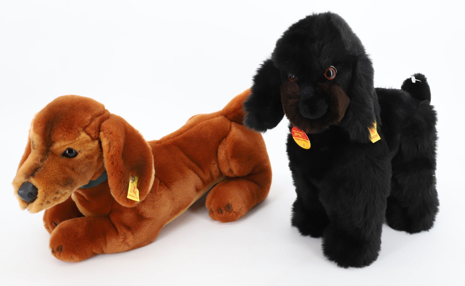 VINTAGE (2) STEIFF ANIMALS DACHSHUND AND POODLE: COSY TOBY AND COSY WALDI BUTTONS AND TAGS 9",12" PLEASE READ CAREFULLY - Terms for Purchasing and Shipping of Auction Items. Please read carefully before bidding. All payments for purchases will be ma