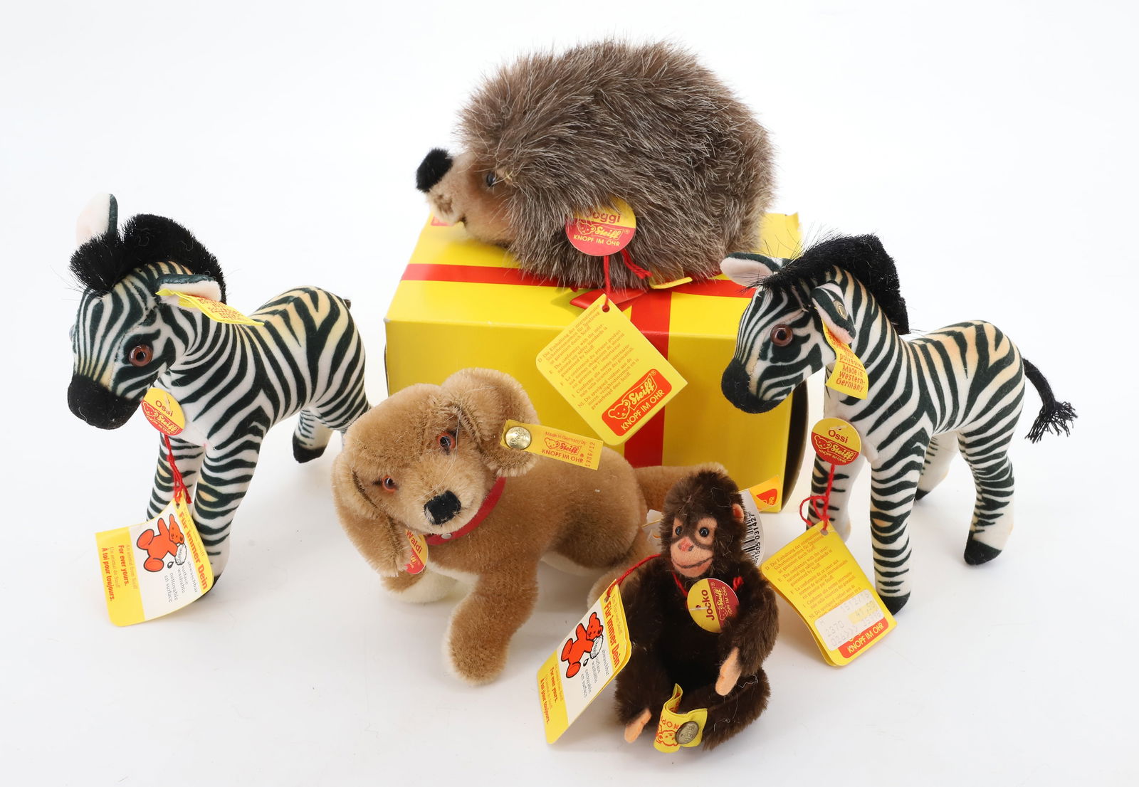 VINTAGE (5) STEIFF ANIMALS (2) ZEBRA, MONKEY, DOG AND HEDGEHOG: TWO ZEBRA, MONKEY, DOG AND HEDGEHOG BUTTONS AND TAGS 6" PLEASE READ CAREFULLY - Terms for Purchasing and Shipping of Auction Items. Please read carefully before bidding. All payments for purchases wil