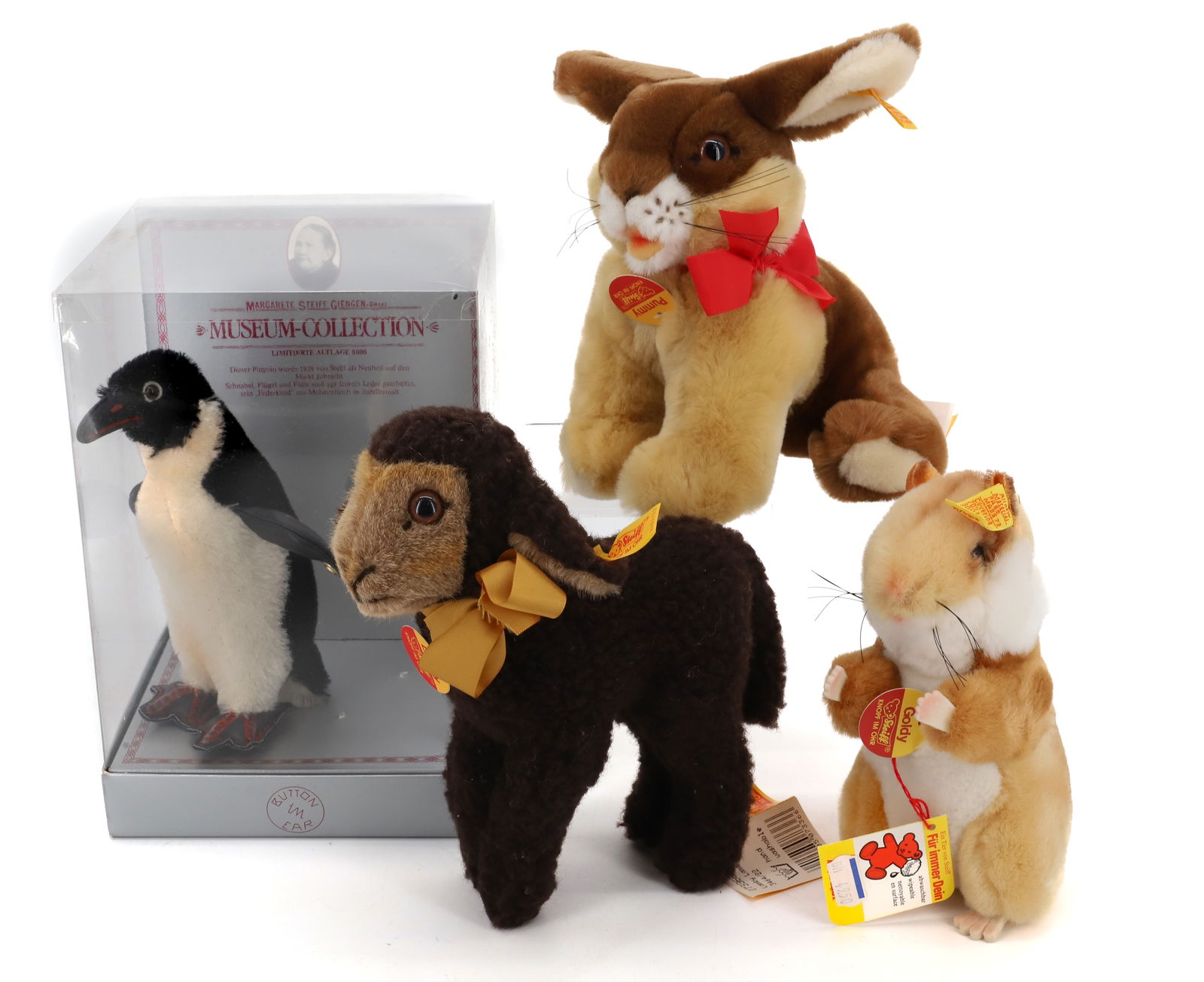 VINTAGE (4) STEIFF PENGUIN, CHIPMONK , RABBIT AND LAMB: PENGUIN MUSEUM COLLECTION, CHIPMUNK, RABBIT AND LAMB 8" BUTTONS AND TAGS PLEASE READ CAREFULLY - Terms for Purchasing and Shipping of Auction Items. Please read carefully before bidding. All payments