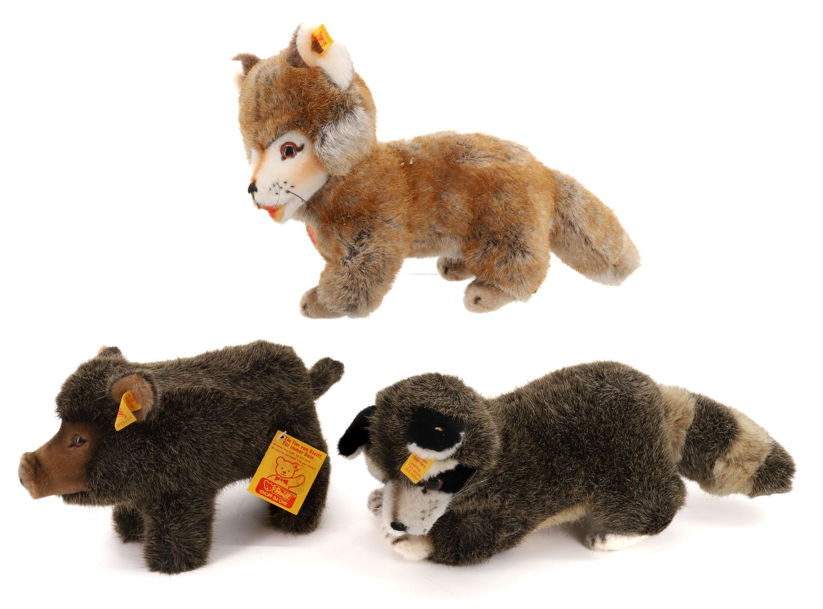 VINTAGE (3) STEIFF FOX,RACCOON AND BOAR: FOX, RACCOON AND BOAR 9" BUTTONS AND TAGS PLEASE READ CAREFULLY - Terms for Purchasing and Shipping of Auction Items. Please read carefully before bidding. All payments for purchases will be made thro