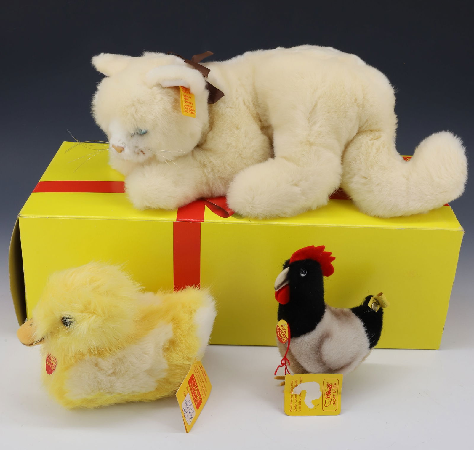 VINTAGE (3) STEIFF WHITE CAT, DUCK AND ROOSTER: WHITE CAT, DUCKLING SQUEAKS AND SMALL ROOSTER BUTTONS AND TAGS 5" TO 10" PLEASE READ CAREFULLY - Terms for Purchasing and Shipping of Auction Items. Please read carefully before bidding. All payments