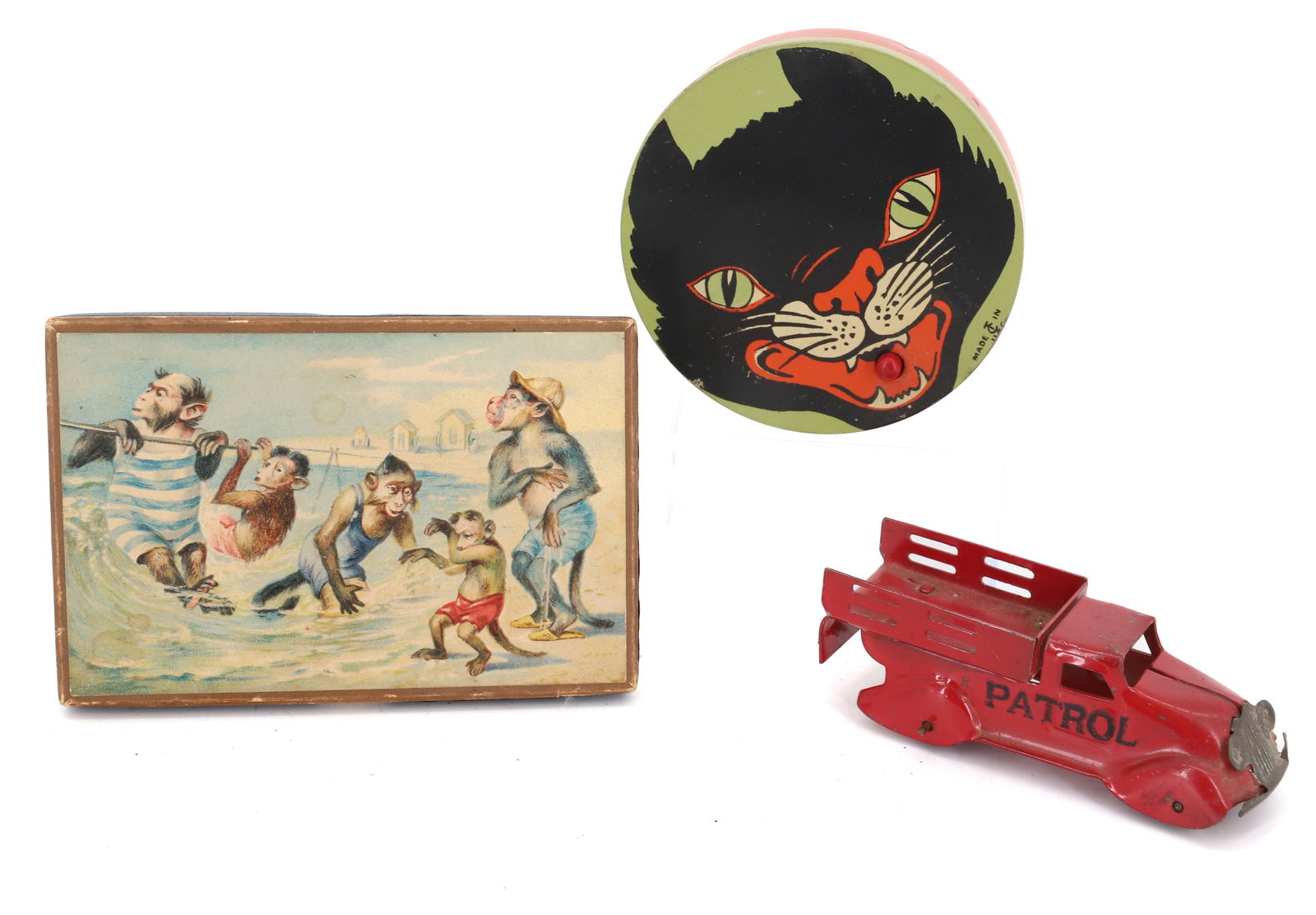 HALLOWEEN NOISEMAKER, TOY TRUCK AND BOX: TIN LITHO CAT NOISE MAKER 4" D., PRESSED STEEL "PATROL" TRUCK AND PAPER LITHO "MONKEY" BOX 5 1/2". PLEASE READ CAREFULLY - Terms for Purchasing and Shipping of Auction Items. Please read carefully bef