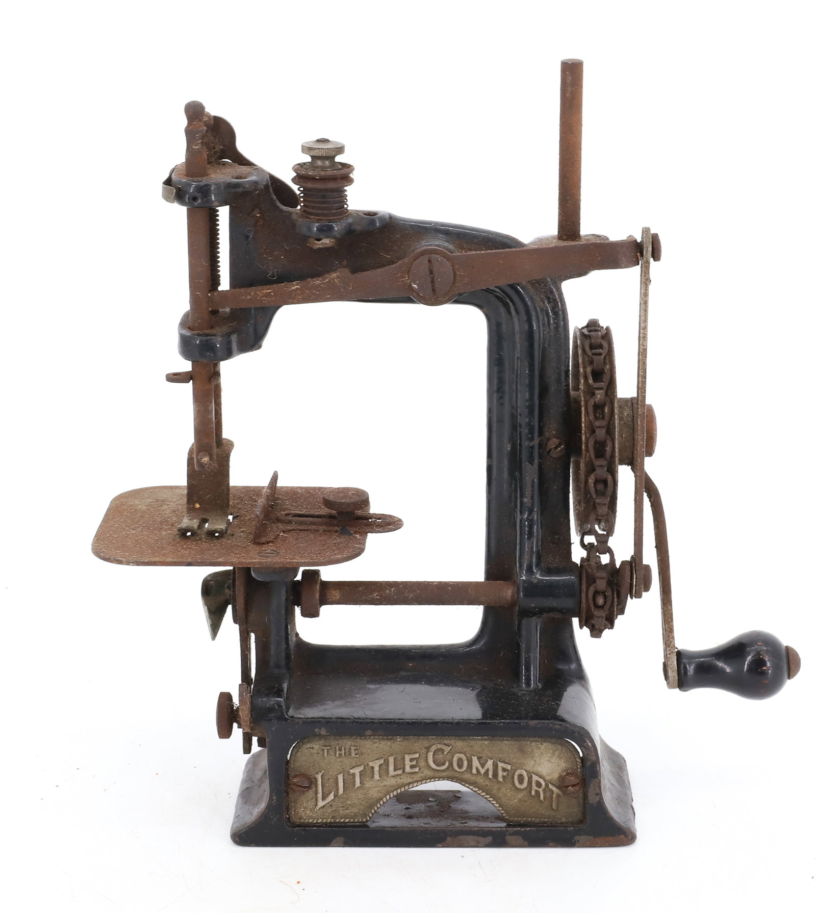 THE LITTLE COMFORT TOY SEWING MACHINE: PAINTED CAST IRON WITH CHAIN-DRIVEN FLYWHEEL. 7" H. PLEASE READ CAREFULLY - Terms for Purchasing and Shipping of Auction Items. Please read carefully before bidding. All payments for purchases will be