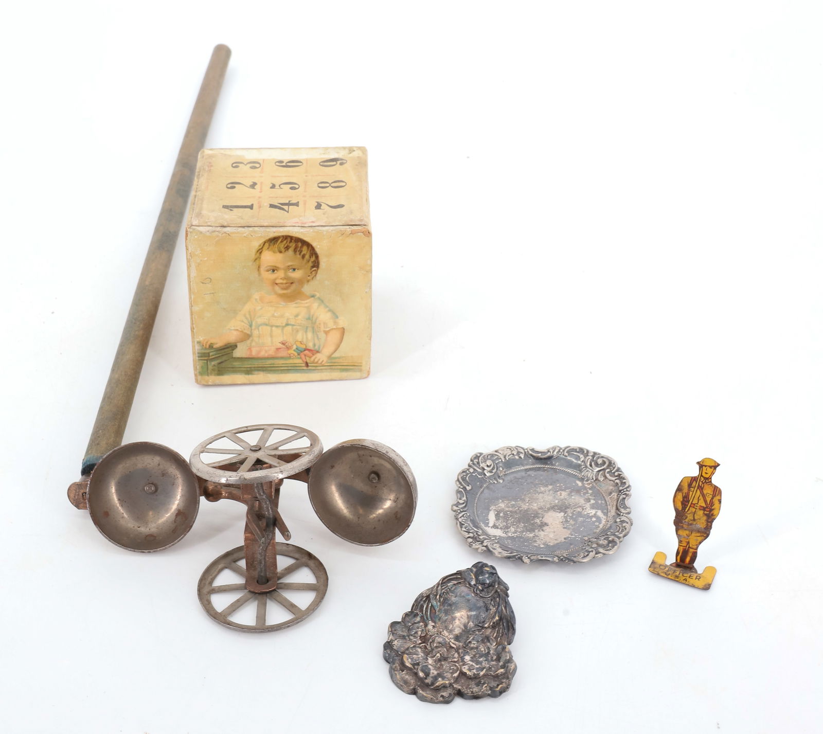 LOT OF VINTAGE CHILD'S TOYS: INCLUDING BELL PUSH TOY (HANDLE 18" L) , PAPER LITHO BLOCKS, AND MORE. PLEASE READ CAREFULLY - Terms for Purchasing and Shipping of Auction Items. Please read carefully before bidding. All payments fo