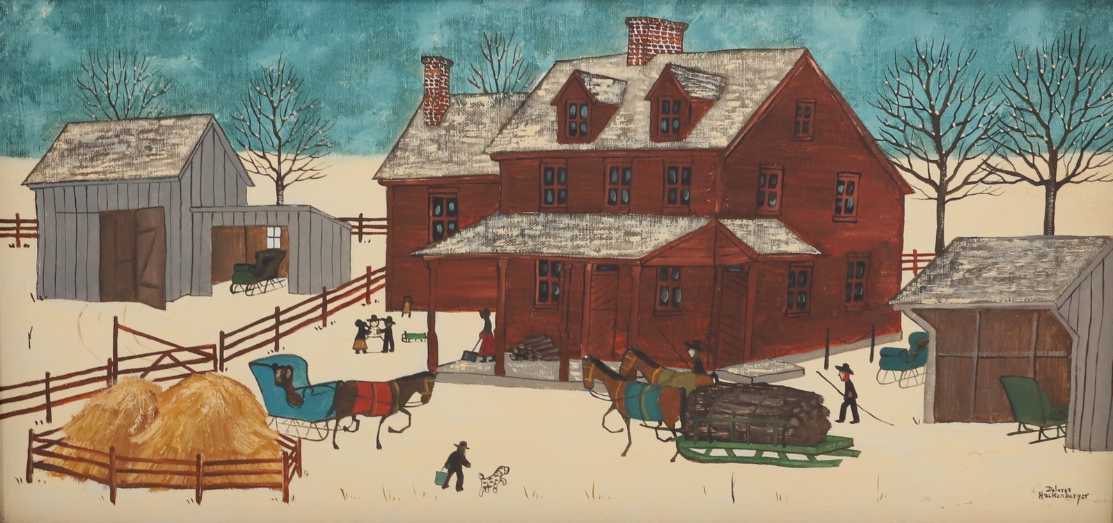 DOLORES HACKENBERGER, OIL ON CANVAS: AMISH WINTER SCENE, HORSE WITH SLEIGH AND LOGS, SNOW SCENE, SIGNED LOWER RIGHT, BARNWOOD FRAME, SIGHT VIEW 11 1/4" X 23 1/4", FRAMED 15 1/2" X 27 1/2" PLEASE READ CAREFULLY - Terms for Purchasing and 
