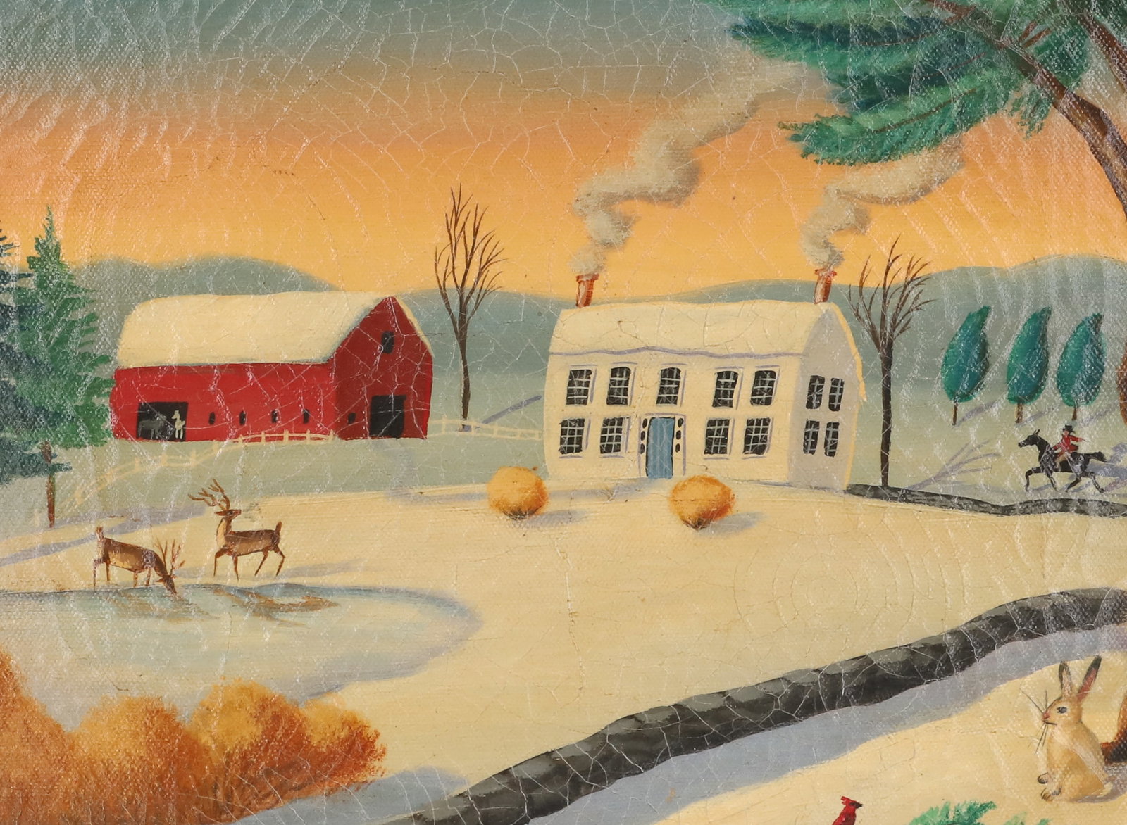 D, LACEY DERSTINE, OIL ON CANVAS: WINTER FARM SCENE, ANIMALS AND MAN ON HORSEBACK, SIGNED BOTTOM RIGHT, SIGHT VIEW 8 1/2" X 11 1/4", FRAMED 13" X 15 3/4" PLEASE READ CAREFULLY - Terms for Purchasing and Shipping of Auction Items. Plea