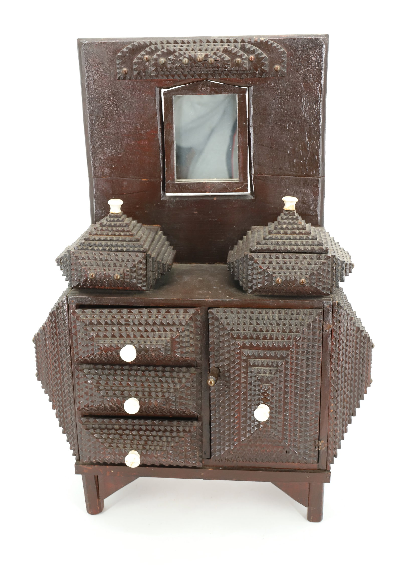 MINIATURE TRAMP ART DRESSER: CHIP CARVED LAYERS WITH MIRROR IN BACK. TWO LIFT-LID DRESSER BOXES OVER THREE DRAWERS AND ONE DOOR. SIDE ENDS HAVE ELEVEN LAYERS. 20" X 15" X 6 1/2". PLEASE READ CAREFULLY - Terms for Purchasing and S