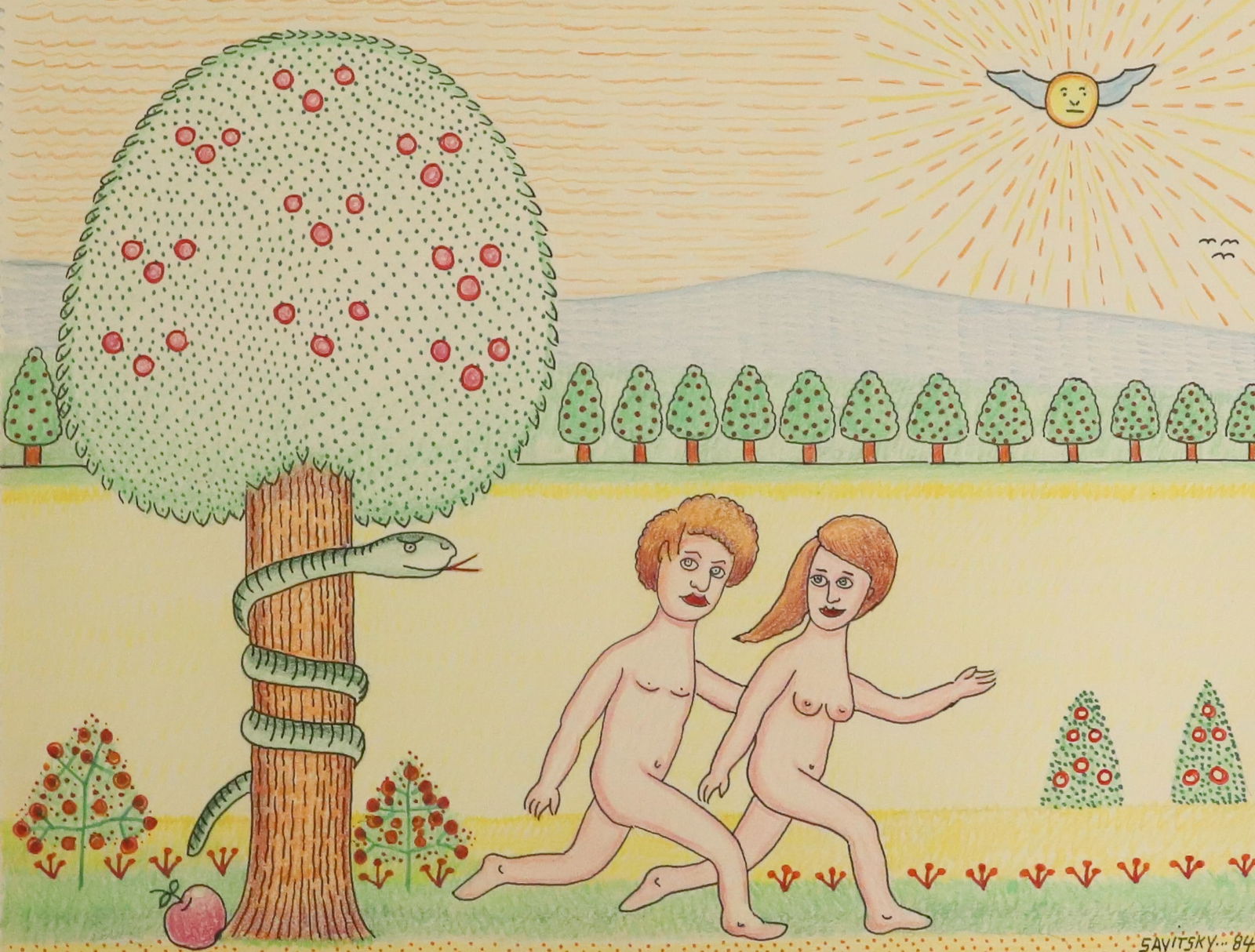 JACK SAVITSKY CRAYON ON PAPER, 14" x 17": BITTER FRUIT DEPICTS ADAM AND EVE, SIGNED LOWER RIGHT, DATED 84, UNFRAMED, 14" X 17" PLEASE READ CAREFULLY - Terms for Purchasing and Shipping of Auction Items. Please read carefully before bidding. A