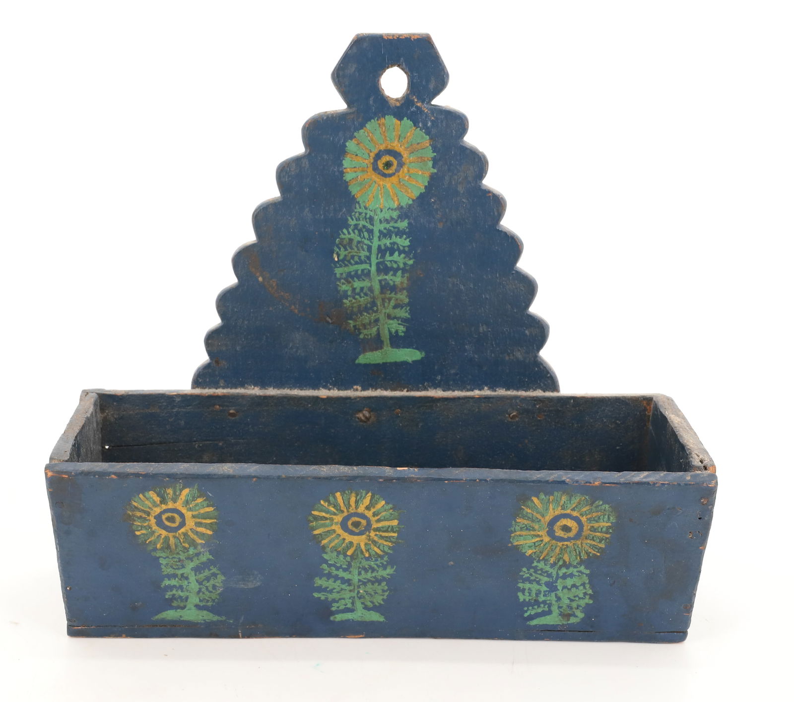 PAINT DECORATED WALL BOX: BLUE PAINT WITH SUNFLOWER DECORATION. SCALLOPED BACK. 8" X 9" X 3 1/2". PLEASE READ CAREFULLY - Terms for Purchasing and Shipping of Auction Items. Please read carefully before bidding. All payments f