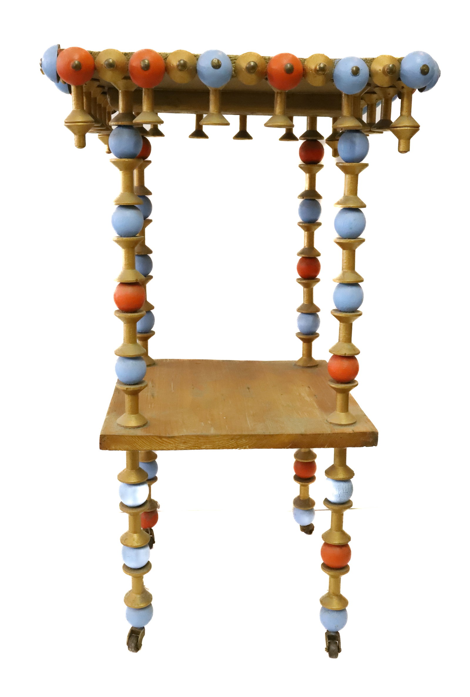 FOLK ART SPOOL STAND: PLANT STAND WITH SHELF BELOW LEGS AND TRIM ARE PAINTED SPOOLS. 30" X 18" X 18". PLEASE READ CAREFULLY - Terms for Purchasing and Shipping of Auction Items. Please read carefully before bidding. All pa