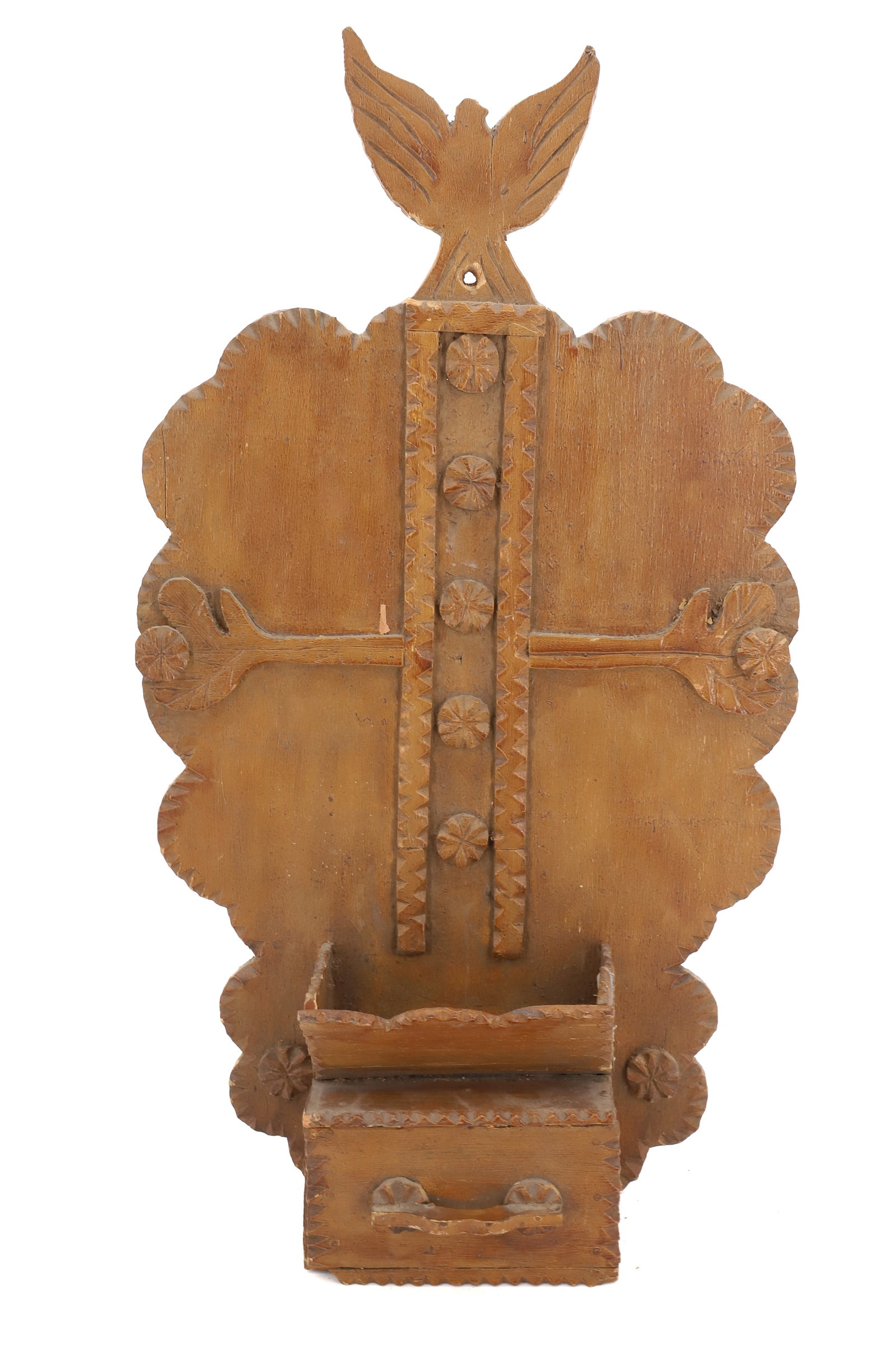FOLK ART WALL BOX WITH DRAWER: BROWN PAINT WITH CHIP CARVING AND SINGLE DRAWER. BIRD WITH WINGS RAISED AT TOP. MADE FROM ADVERTISING CRATES. SGND/DATED ON BACK "1912, S. BETH, PA". 17 1/2" L. PLEASE READ CAREFULLY - Terms for Purch