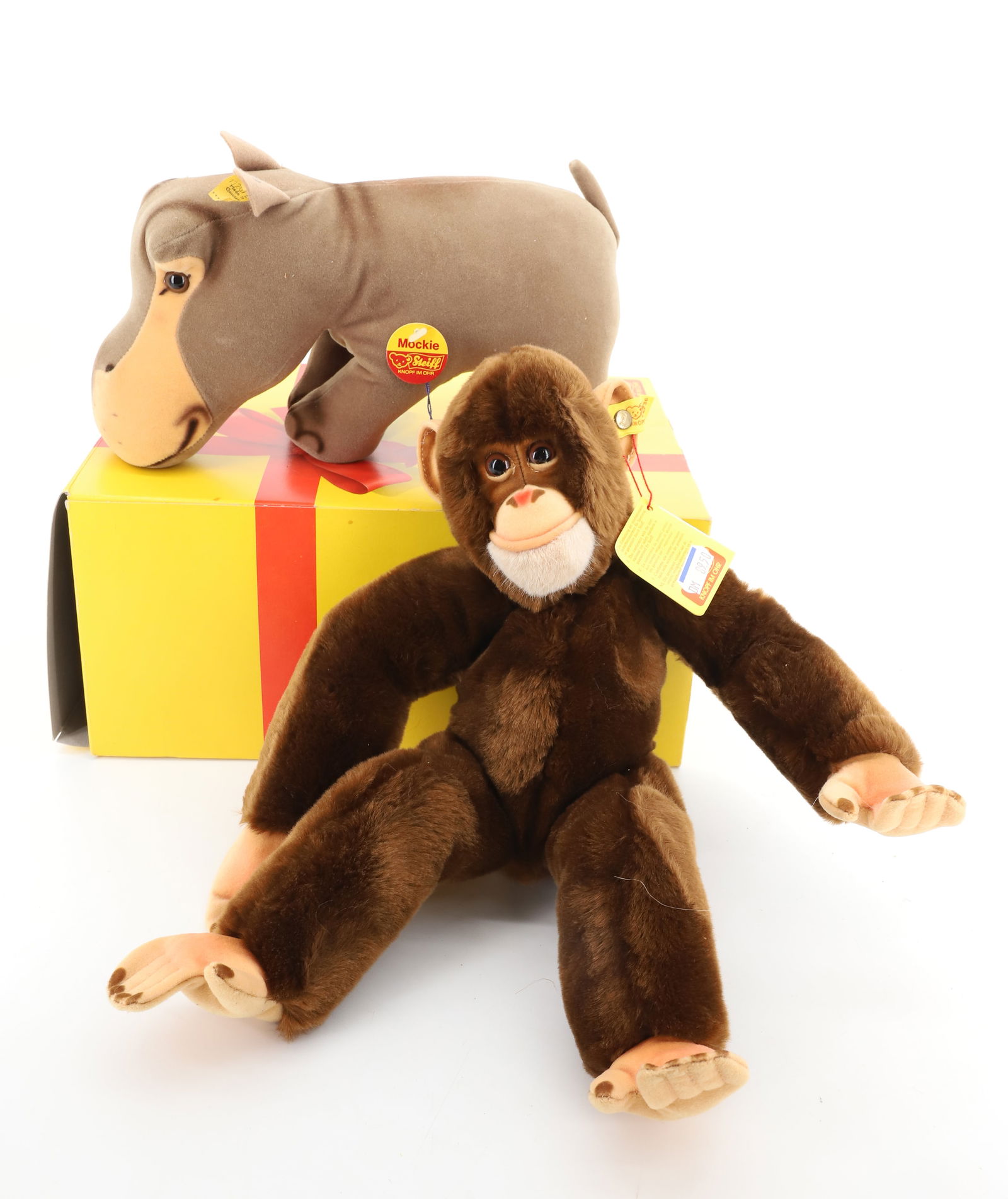 VINTAGE (2) STEIFF HIPPO AND MONKEY: HIPPO AND MONKEY BUTTONS AND TAGS 10", 16" PLEASE READ CAREFULLY - Terms for Purchasing and Shipping of Auction Items. Please read carefully before bidding. All payments for purchases will be made thr