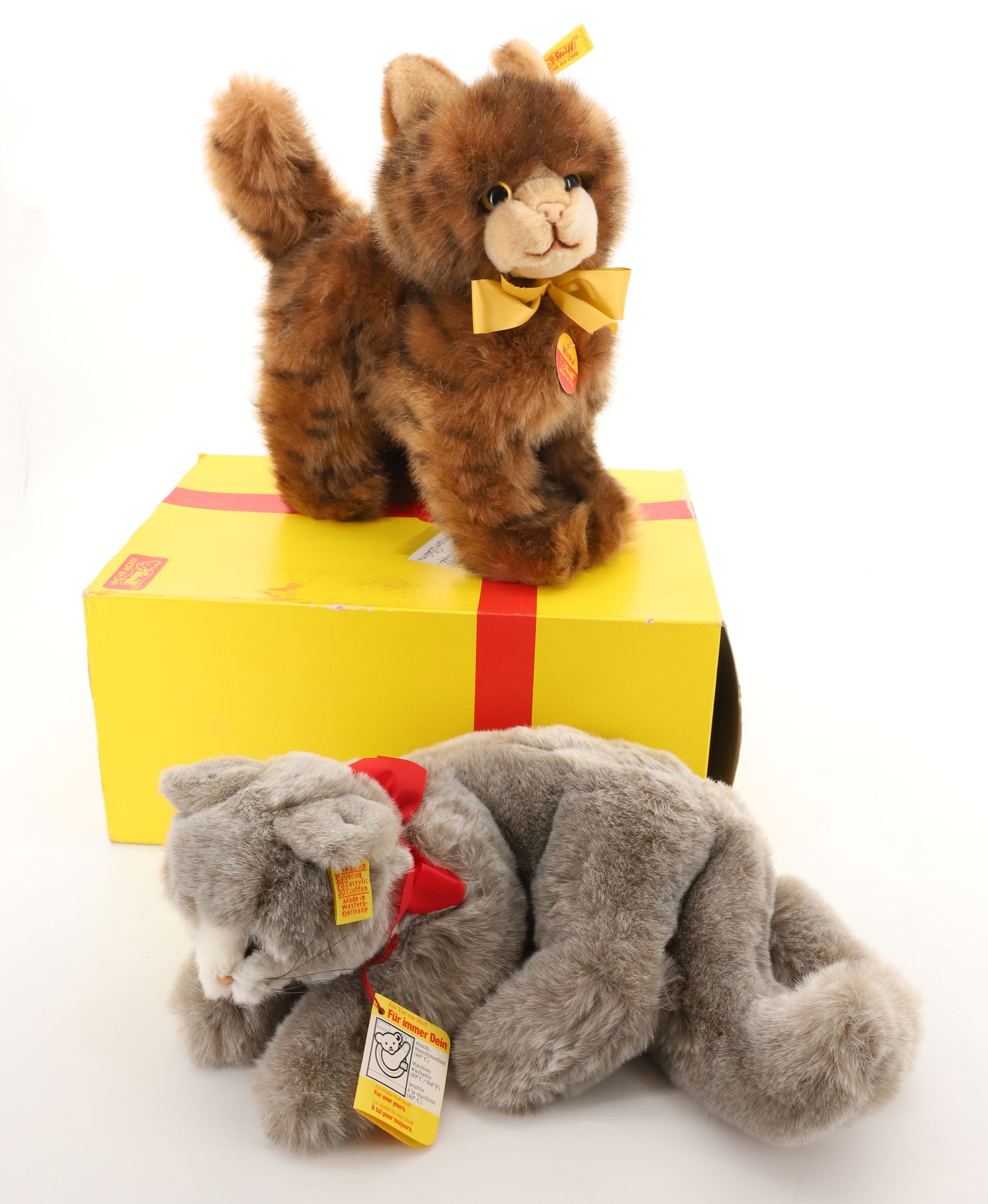 VINTAGE (2) STEIFF CATS: TWO CATS BROWN AND GRAY 10", 12" BUTTONS AND TAGS PLEASE READ CAREFULLY - Terms for Purchasing and Shipping of Auction Items. Please read carefully before bidding. All payments for purchases will be m