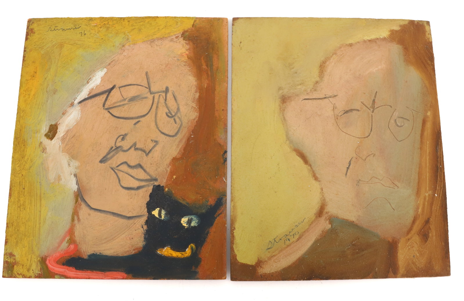 (2) STERLING STRAUSER, OIL ON BOARDS: SELF PORTRAIT AT 63, SIGNED LOWER RIGHT, DATED 1970, UNFRAMED 10" X 8", INV# 111 WITH STERLING AND JASPER, SIGNED TOP LEFT , DATED 76, UNFRAMED 10" X 8", FROM THE PRIVATE COLLECTION OF KATHRYN ZERVOS,