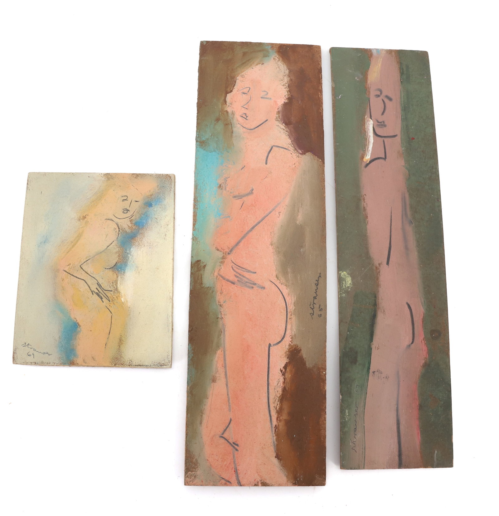 (3) STERLING STRAUSER, NUDE WOMAN FIGURES: OIL ON BOARDS, NUDE WOMEN FIGURES, DATED 65, 67, AND 69 - UNFRAMED 5" X 4", 11 1/2" X 3" AND 12" X 3 1/2" - INV# 160, 161, AND 170, FROM THE PRIVATE COLLECTION OF KATHRYN ZERVOS, GRANDDAUGHTER OF STER
