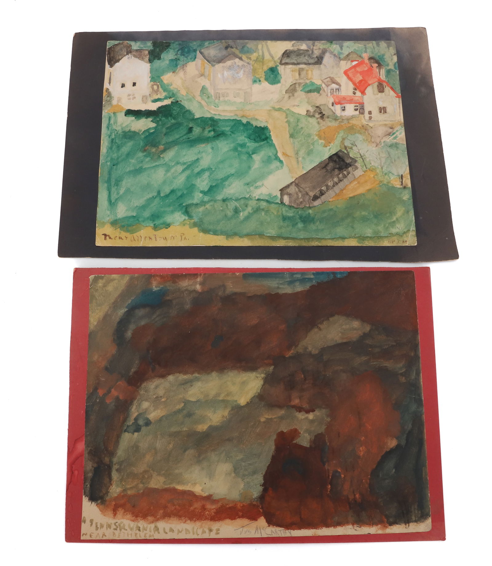 (2) JUSTIN MCCARTHY WATERCOLORS ON PAPER: PENNSYLVANIA LANDSCAPE NEAR BETHLEHEM AND "NEAR ALLENTOWN, PA". 8 7/8" X 11 3/8". FROM THE PRIVATE COLLECTION OF KATHRYN ZERVOS, GRANDDAUGHTER OF STERLING STRAUSER PLEASE READ CAREFULLY - Terms for Pu
