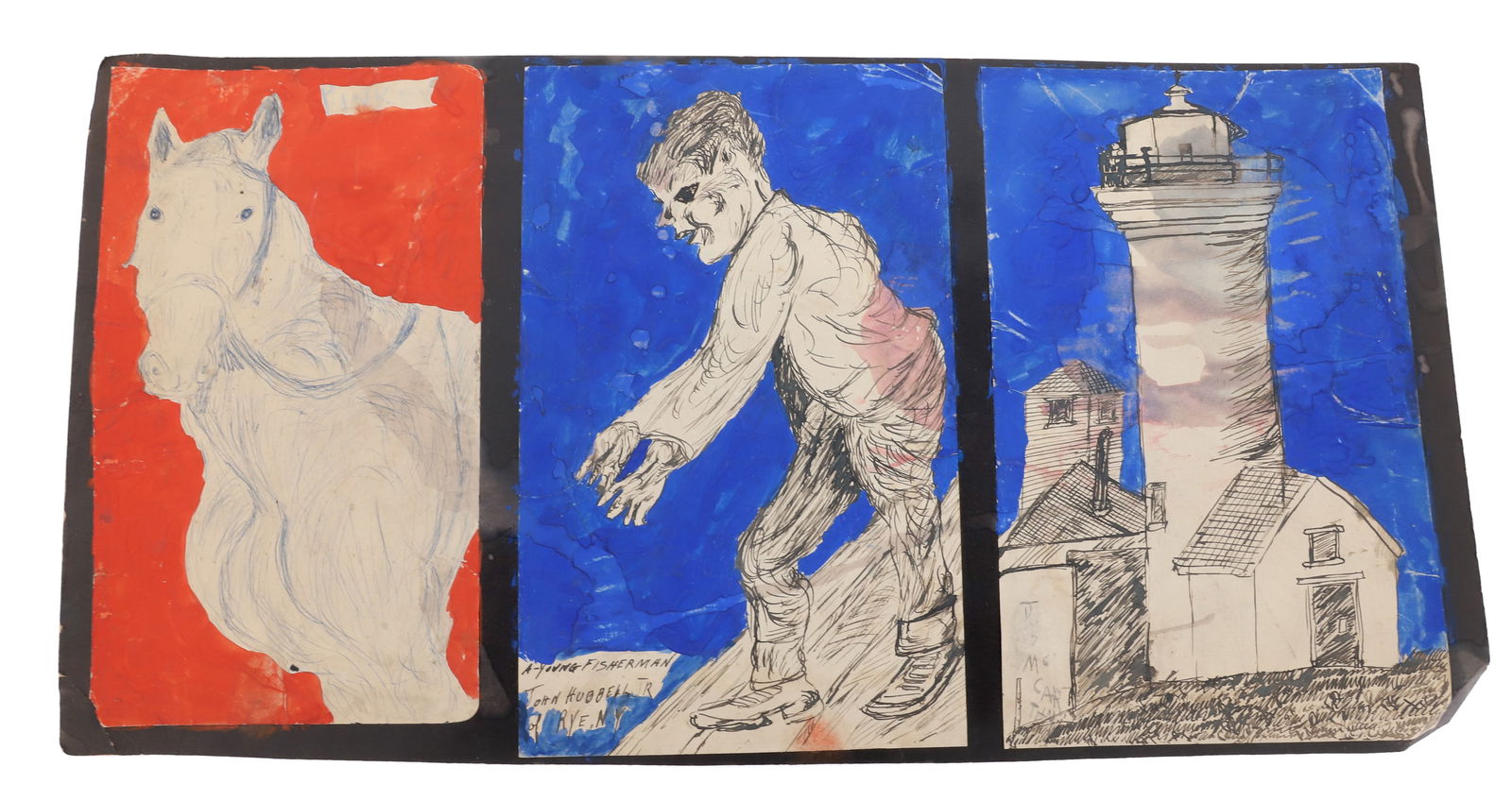 (3) JUSTIN MCCARTHY PAINT AND INK ON PAPER: LIGHTHOUSE, "A YOUNG FISHERMAN, JOHN HUBBELL OF RYE, NY AND HORSE "PINKEY". ALL ADHERED TO SAME PAPER BACKING. TOTAL SIZE 9" X 17 3/4". FROM THE PRIVATE COLLECTION OF KATHRYN ZERVOS, GRANDDAUGHTER OF