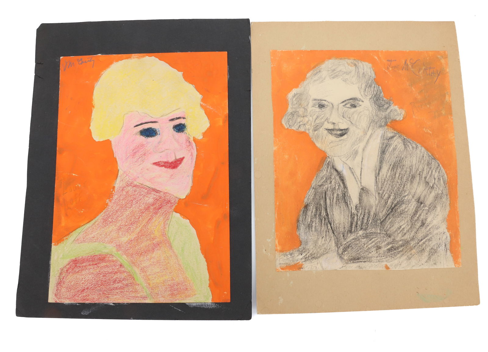 (2) JUSTIN MCCARTHY WATERCOLOR/CRAYON ON PAPER: PORTRAITS OF WOMEN (ONE IDENTIFIED ON BACK JOY HODGES OF RUTHERFORD, NJ, THE OTHER LOUISE HOFF). LARGEST 10" X 7". FROM THE PRIVATE COLLECTION OF KATHRYN ZERVOS, GRANDDAUGHTER OF STERLING STRAUSER PLE
