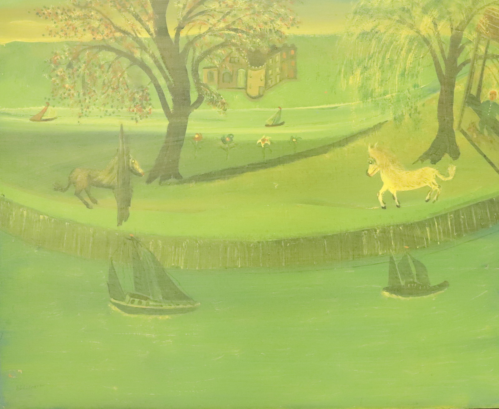 BRUNO DEL FAVERO OIL ON BOARD: DEPICTS HORSES AND MAN IN BETWEEN TWO RIVERS WITH SAILBOATS. VARYING SHADES OF GREEN/YELLOW. SGND. ON BACK. 32 1/2" X 39 1/2". PLEASE READ CAREFULLY - Terms for Purchasing and Shipping of Auction Item