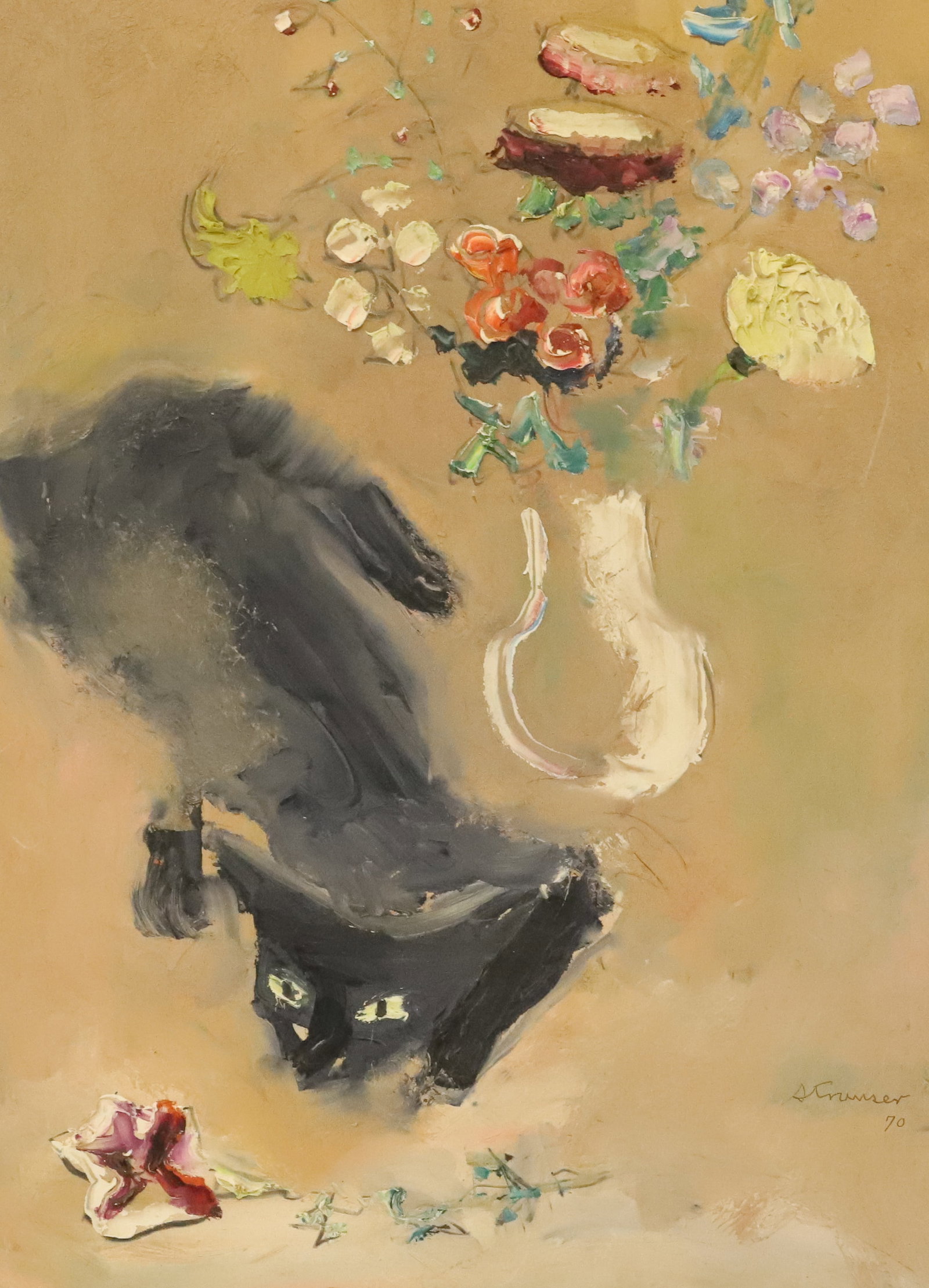 STERLING STRAUSER, OIL ON BOARD: JASPER THE CAT BESIDE A VASE OF FLOWERS. SGND/DATED STRAUSER 70. 18" X 14" UNFRAMED. MRKD. ON BACK "DOT FOR KATIE FROM DOT GREAT GRANDMOTHER". FROM THE PRIVATE COLLECTION OF KATHRYN ZERVOS, GRANDDAUGH