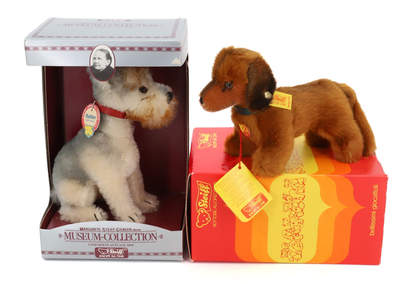 VINTAGE (2) STEIFF DOGS: RATTLER TERRIER DOG MOHAIR MUSEUM COLLECTION AND DASCHUND HEXIE BUTTONS AND TAGS 7" PLEASE READ CAREFULLY - Terms for Purchasing and Shipping of Auction Items. Please read carefully before bidding. Al