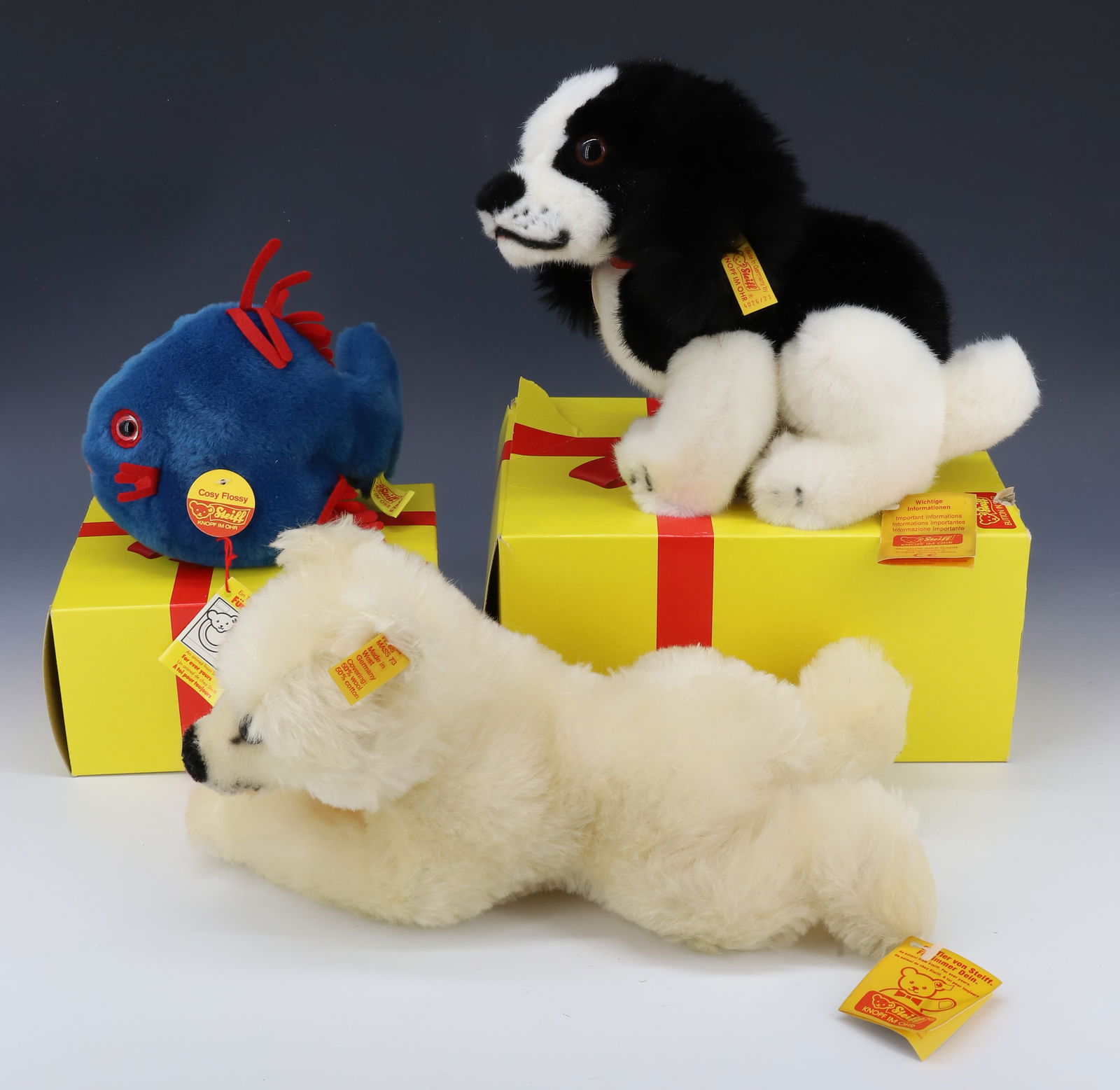 VINTAGE STEIFF (3) BEAR,FISH AND DOG: MOHAIR POLAR BEAR, FISH AND BLACK AND WHITE DOG BUTTONS AND TAGS 5",8",11" PLEASE READ CAREFULLY - Terms for Purchasing and Shipping of Auction Items. Please read carefully before bidding. All payment