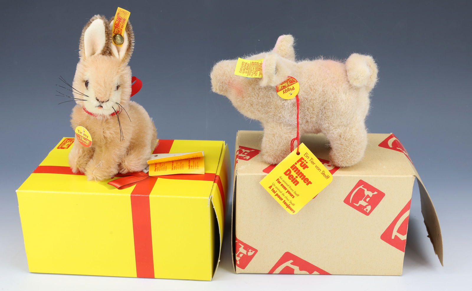 VINTAGE (2) STEIFF BUNNY AND PIG: BOTH MOHAIR PIG AND BUNNY BUTTONS AND TAGS 6" PLEASE READ CAREFULLY - Terms for Purchasing and Shipping of Auction Items. Please read carefully before bidding. All payments for purchases will be made