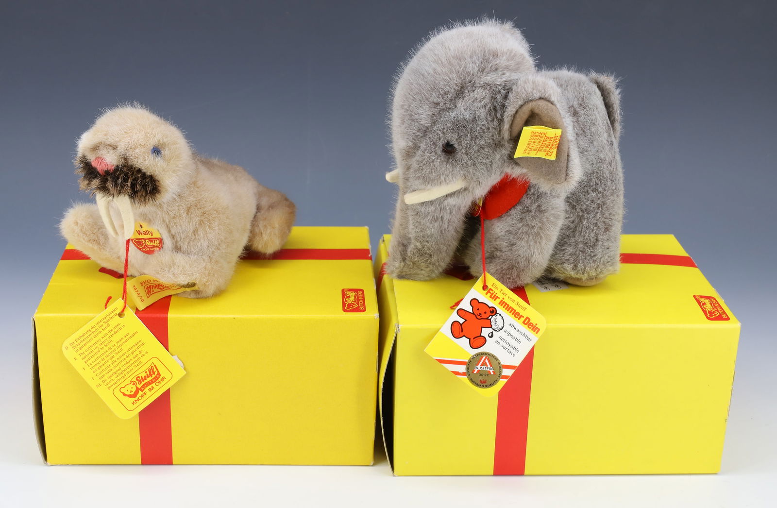 VINTAGE (2) STEIFF WALRUS AND ELEPHANT: WALRUS AND ELEPHANT BUTTONS AND TAGS 6" PLEASE READ CAREFULLY - Terms for Purchasing and Shipping of Auction Items. Please read carefully before bidding. All payments for purchases will be made throug